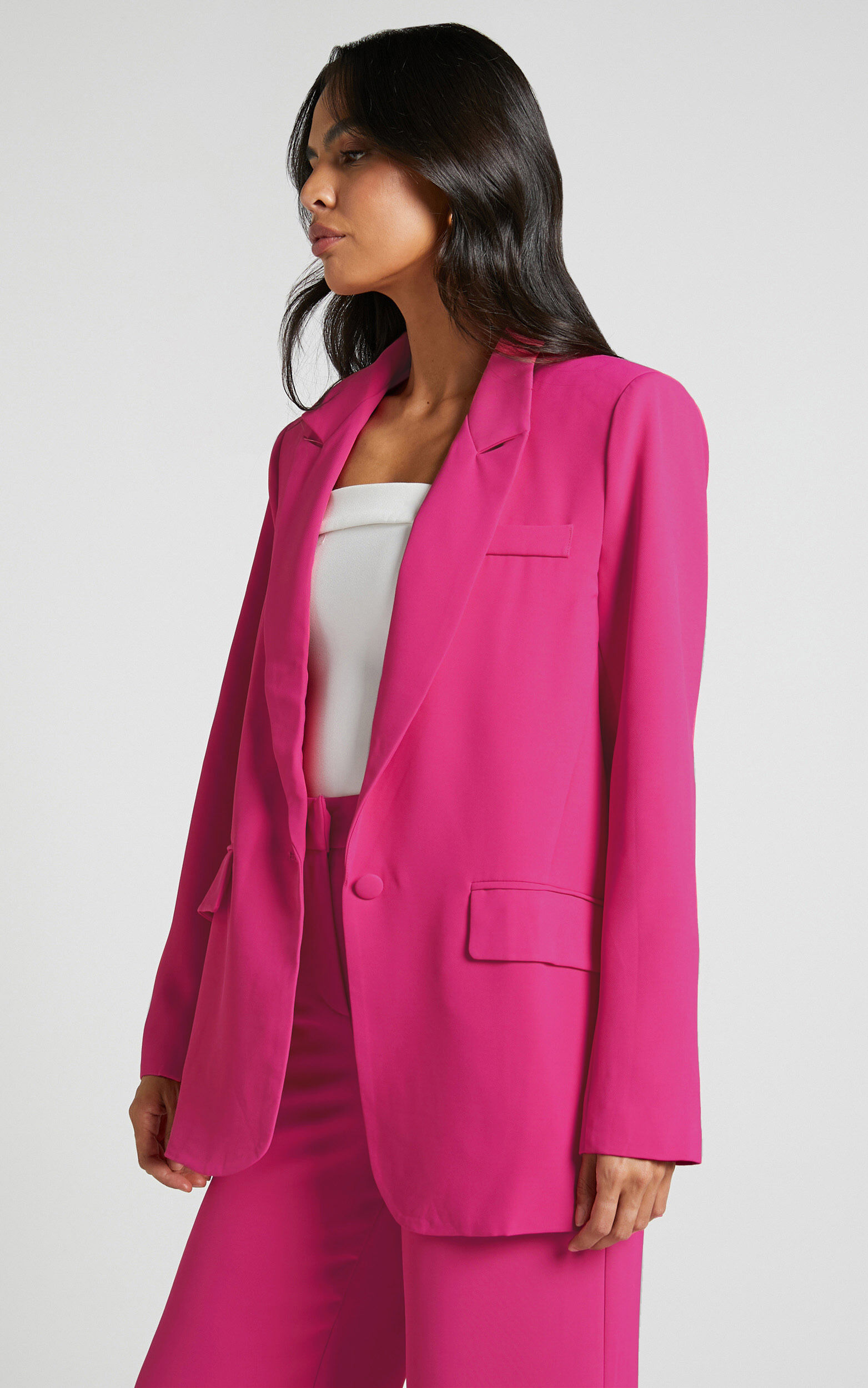 Michelle Blazer - Oversized Plunge Neck Button Up Blazer in Pink