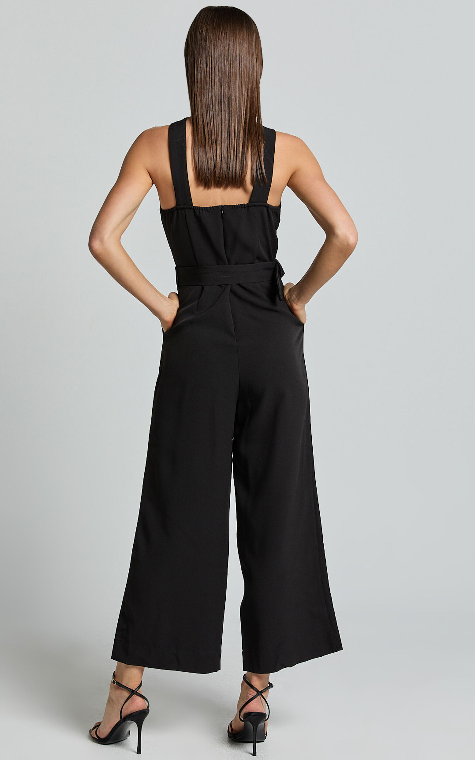 Tracy Jumpsuit - Diamond Neck Belted Straight Leg Jumpsuit in Black