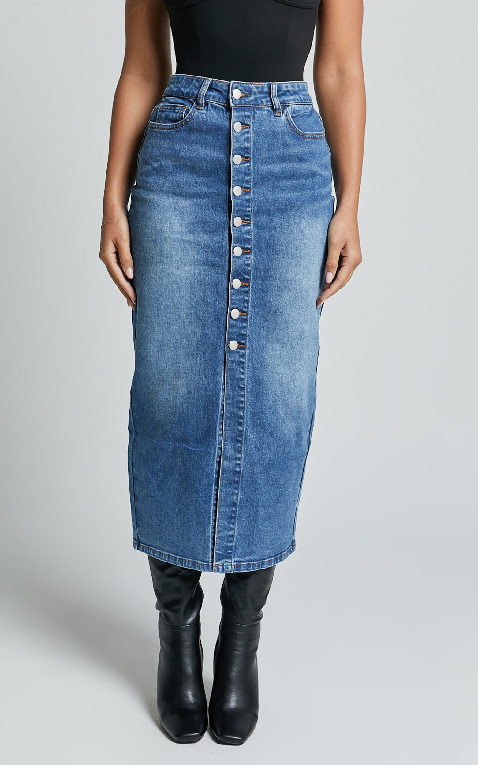 Tina Midi Skirt - High Waist Button Through Recycled Denim Skirt in Mid Blue Wash
