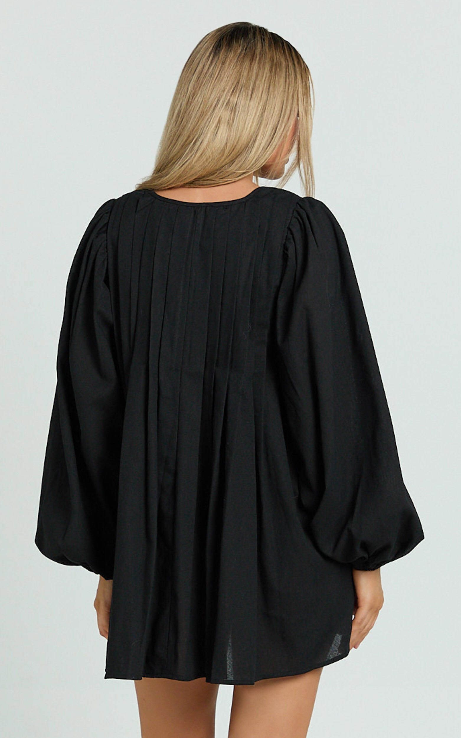 Suzette Mini Dress - High Neck Tie Front Long Sleeve Pleat Front Babydoll Dress in Black