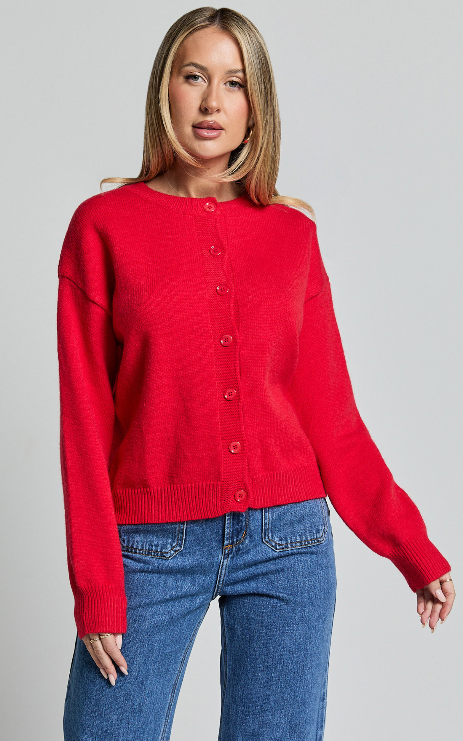 Lucille Cardigan - Button Through Scoop Neck Knit Cardigan in Red