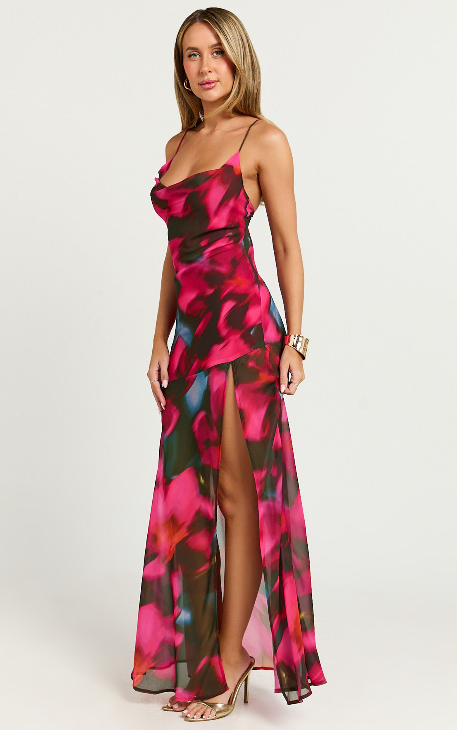 Talia Maxi Dress - Cowl Neck Low Back Dress in Hyper Tropical Print