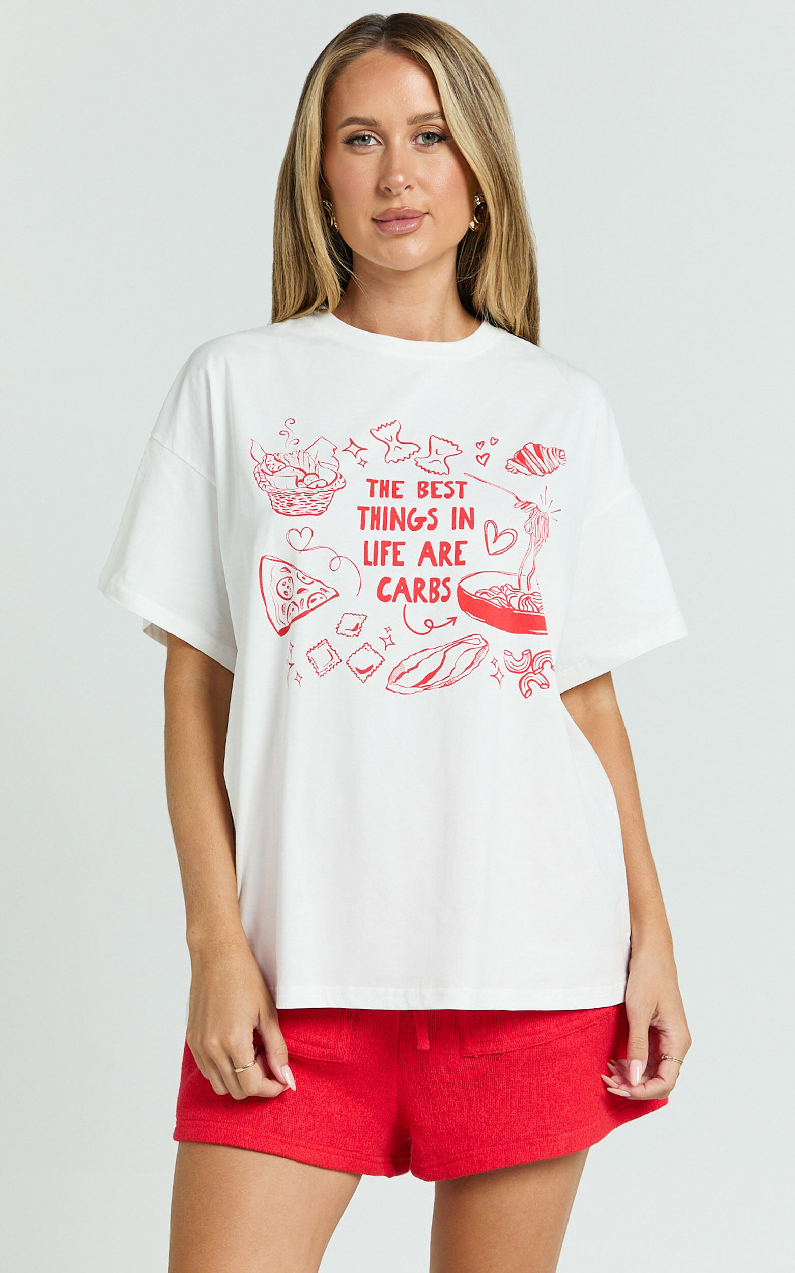 Rheyna Top - Oversized The Best Things in Life Are Carbs Print T-Shirt in White