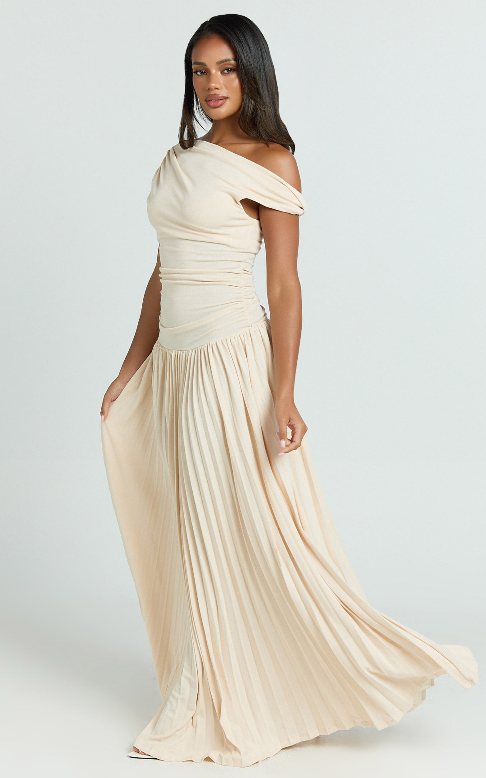 Yvonne Maxi Dress - Jersey Tip Shoulder Ruched Dress in Off White
