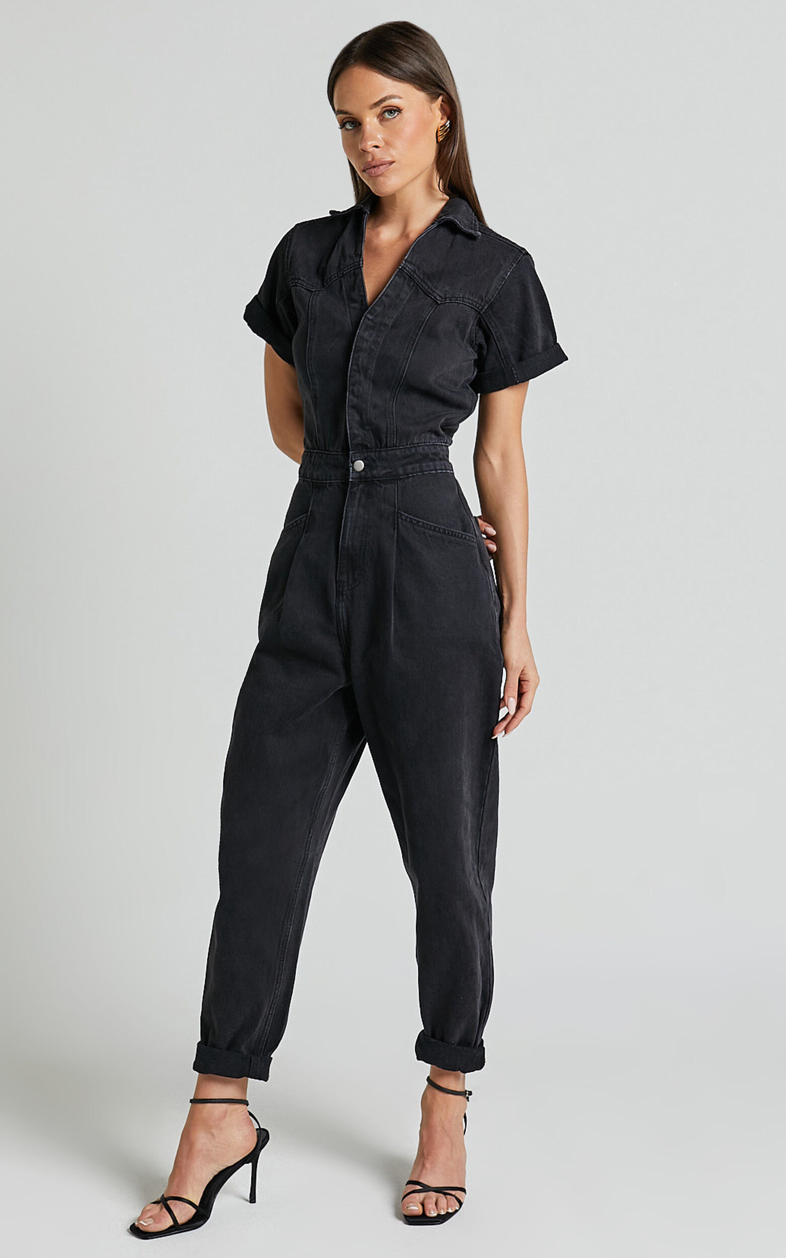 Jordyn Jumpsuit - Short Sleeve Collared Button Through Denim Jumpsuit in Black Wash