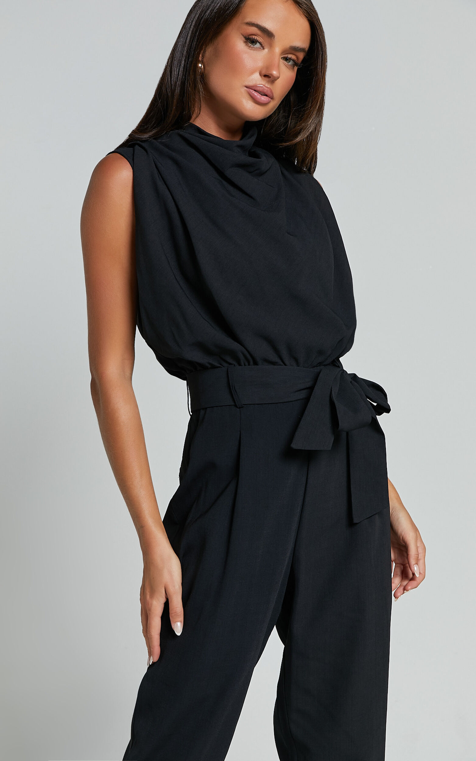 Arianae Jumpsuit - High Neck Tie Waist Jumpsuit in Black