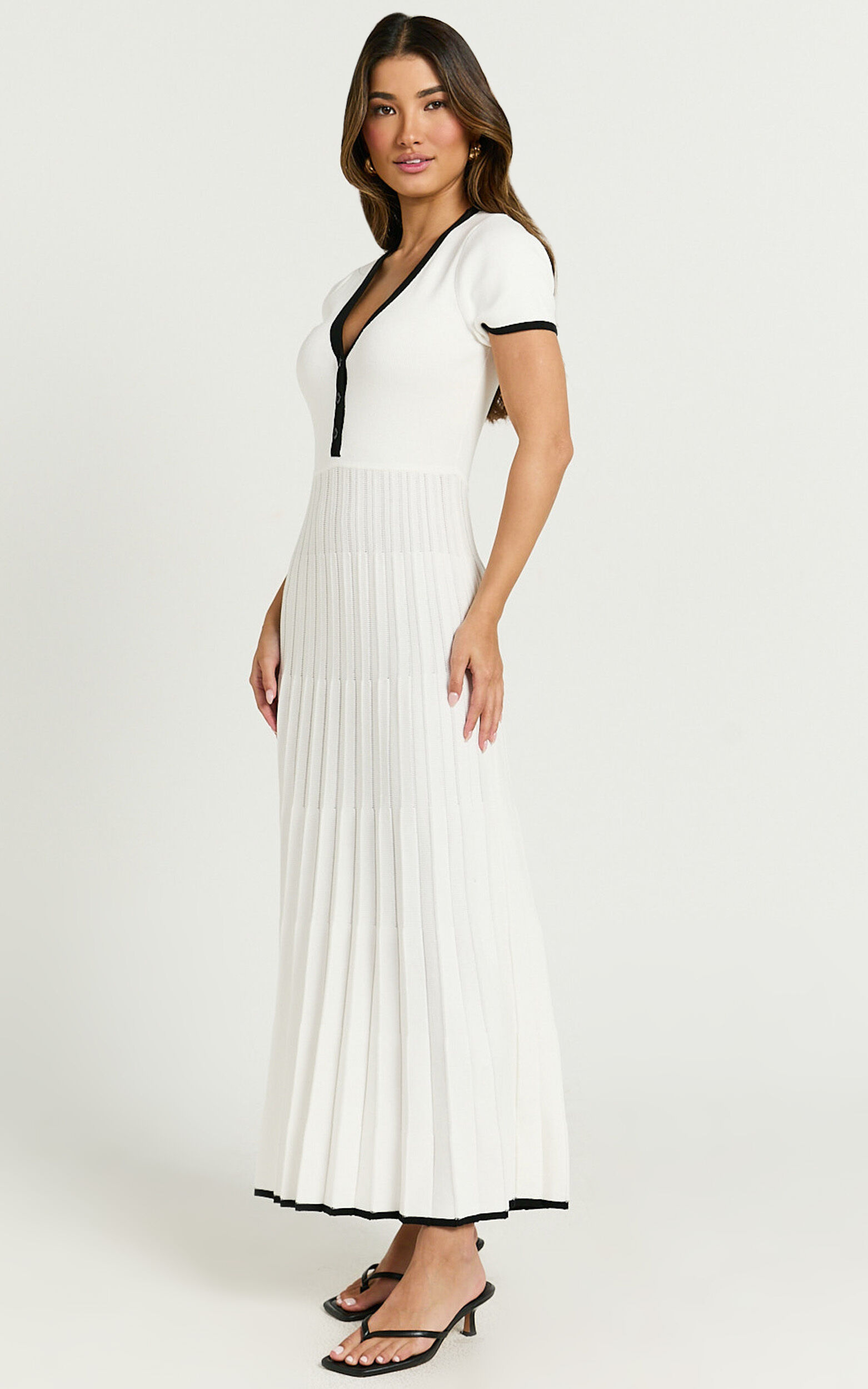 Vivienne Midi Dress - Short Sleeve Pleated Skirt Knitted Dress in Cream