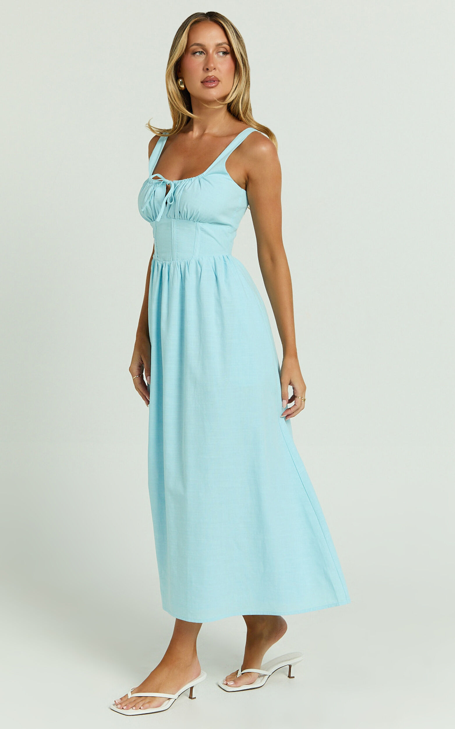 Haylee Midi Dress - Corset Waist Gathered Bust Dress in Blue