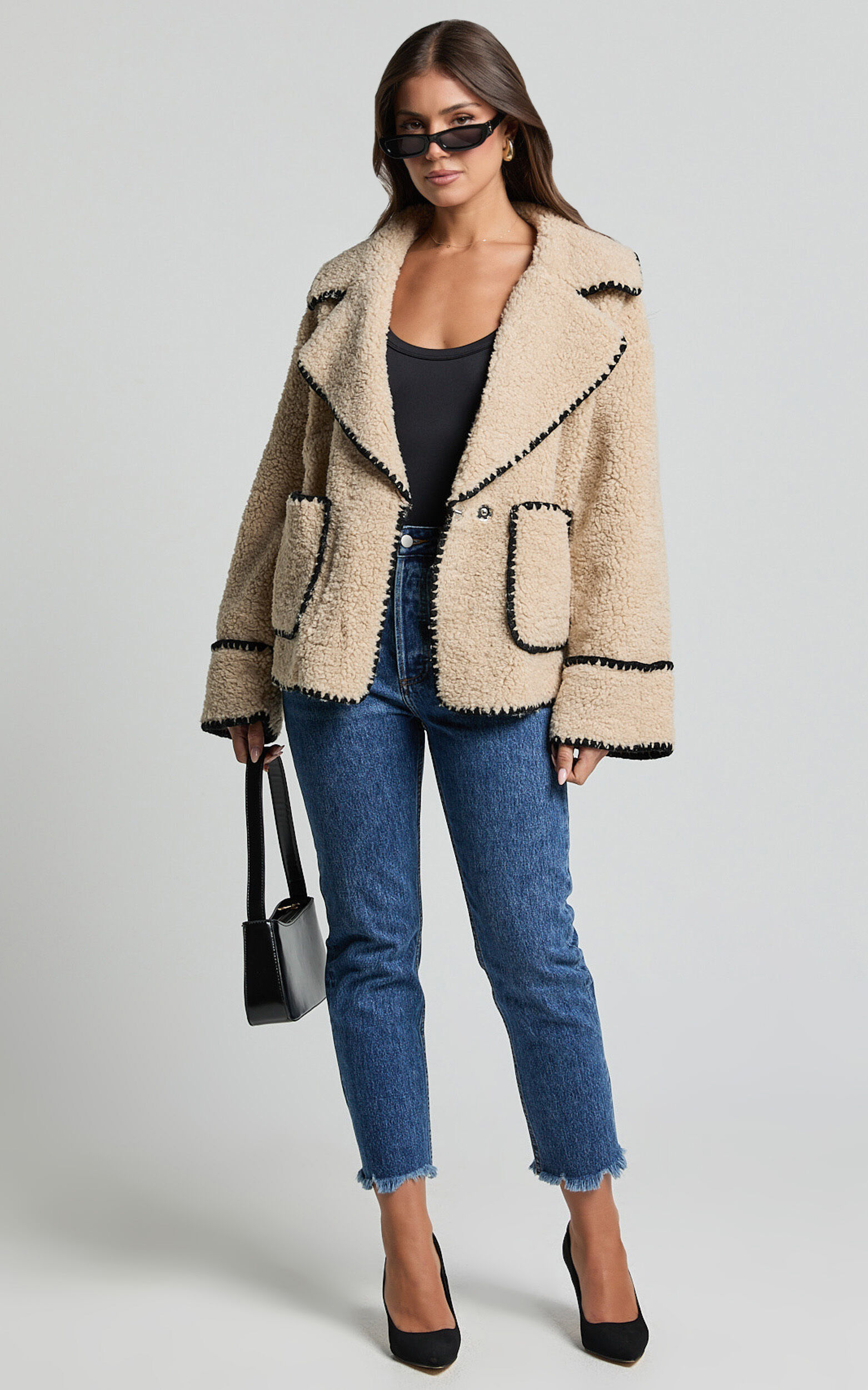 Adeline Jacket - Oversized Blanket Stitched Shearling Jacket in Caramel