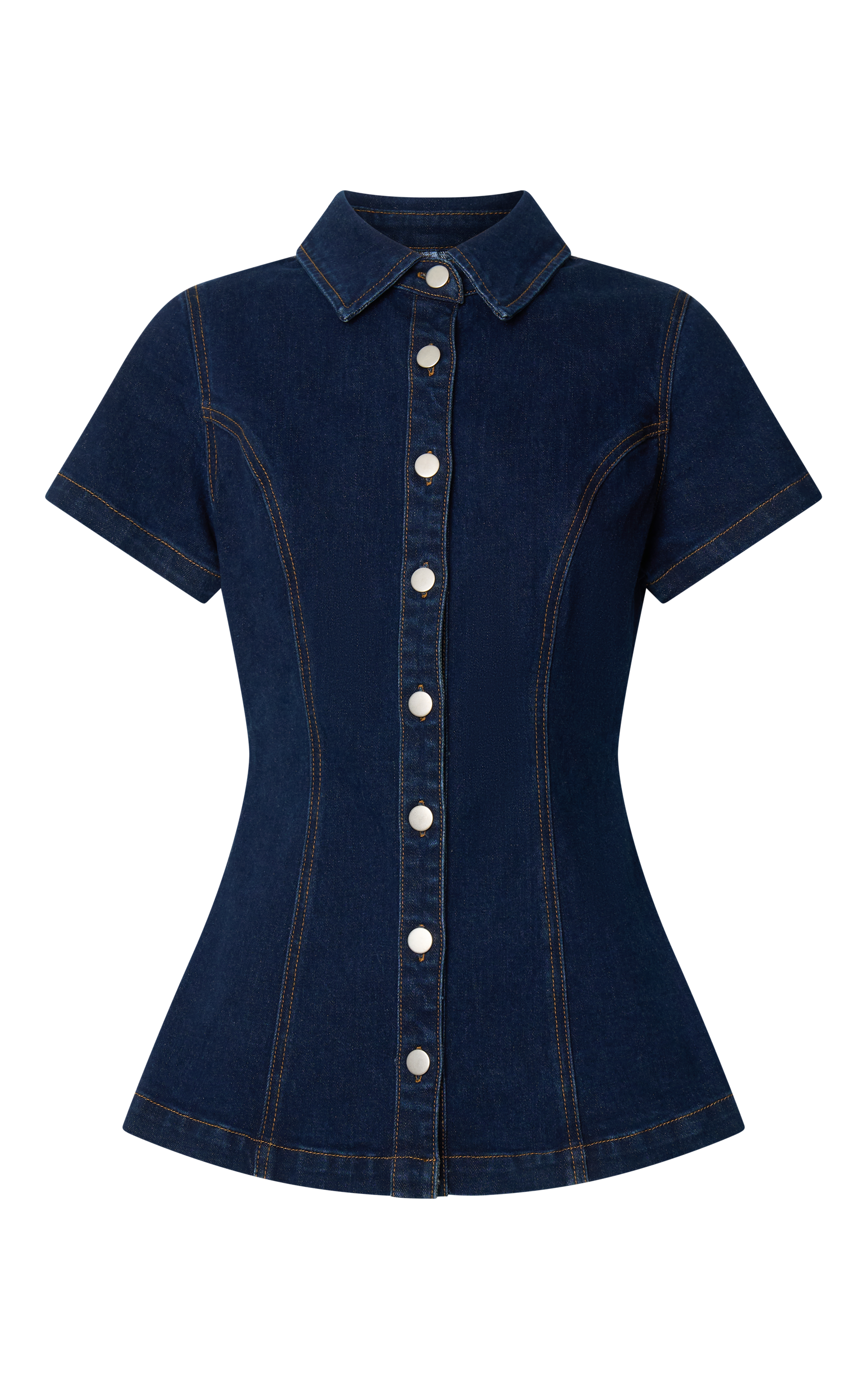 Paige Top - Button Down Short Sleeve Denim Top in Dark Blue Wash