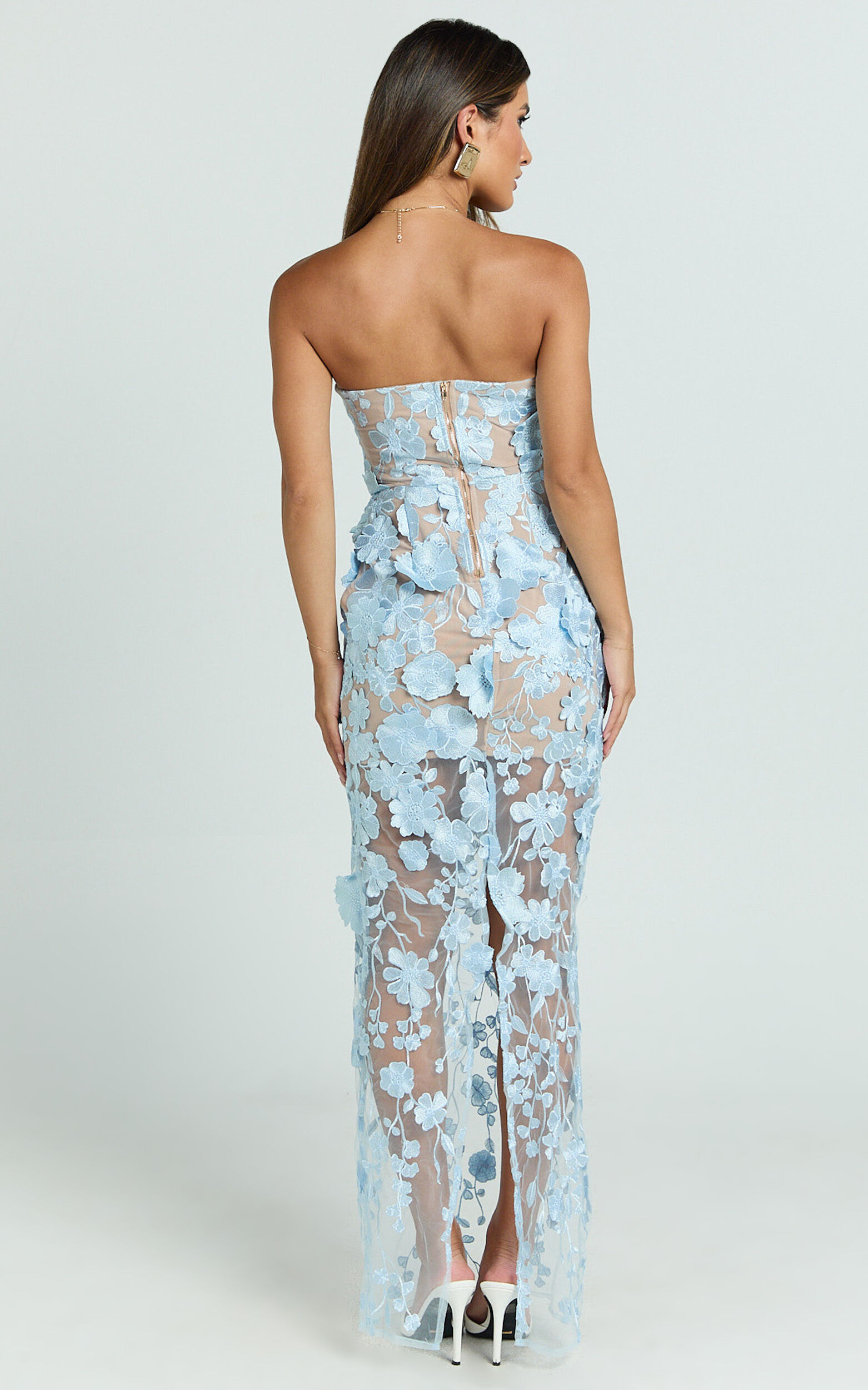 Sienna Maxi Dress - 3D Floral Strapless Column Dress in Blue