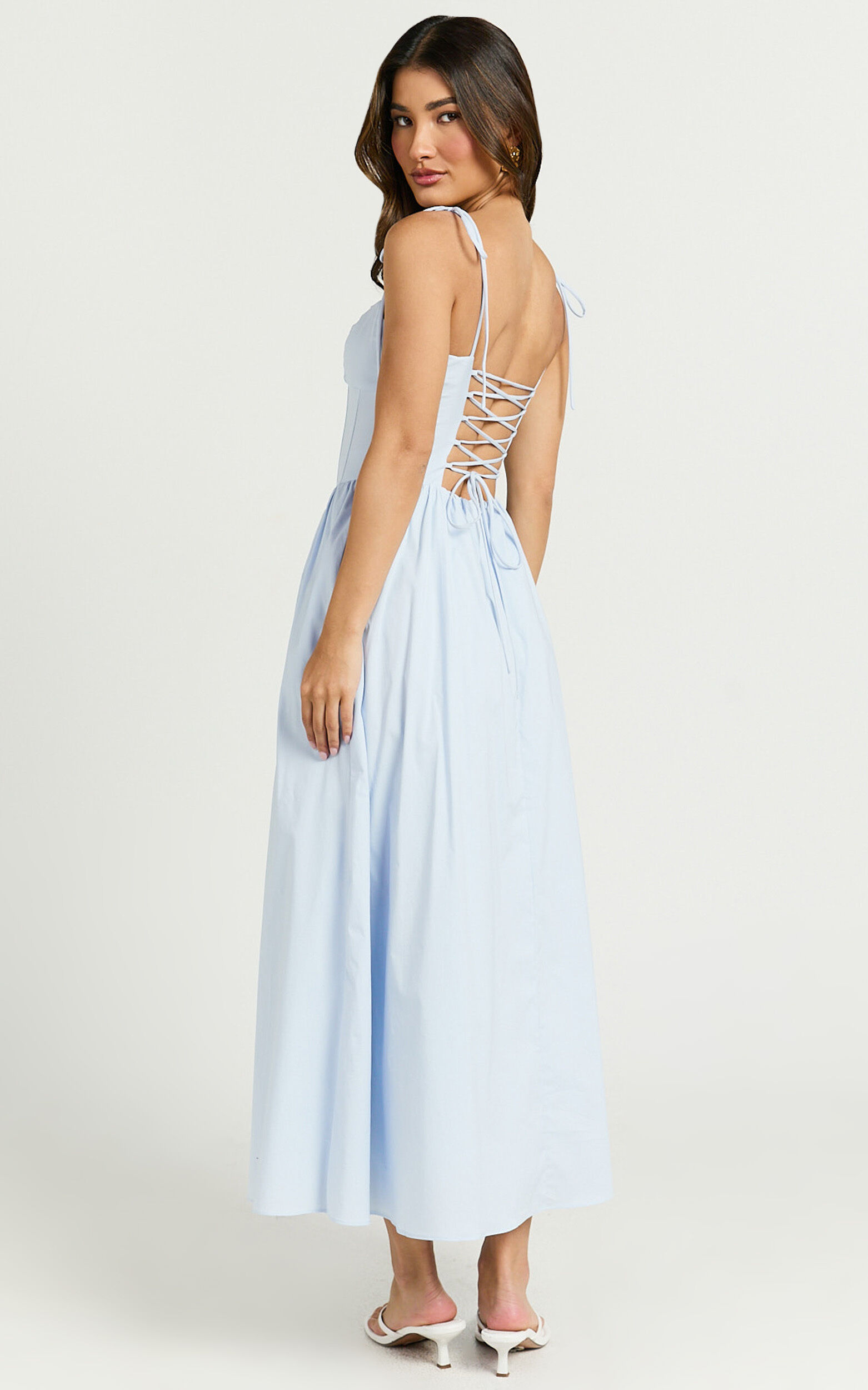 Holly Midi Dress - Corset Lace Up Dress with Split in Soft Blue