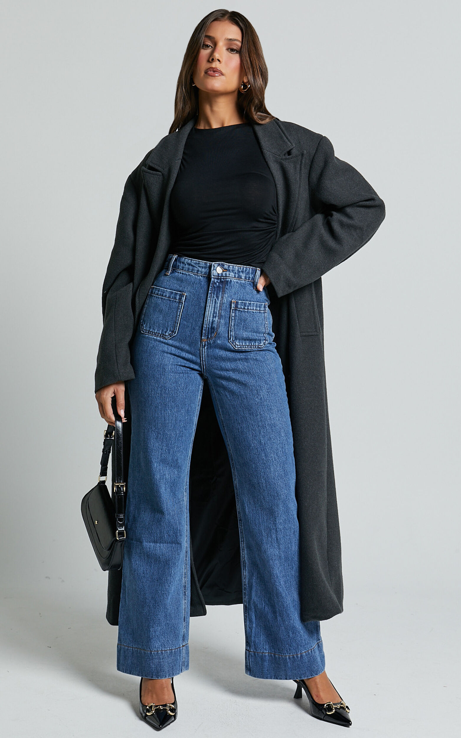 Vancouver Jeans - High Waist Straight Leg Patch Pocket Denim Jeans in Mid Blue Wash