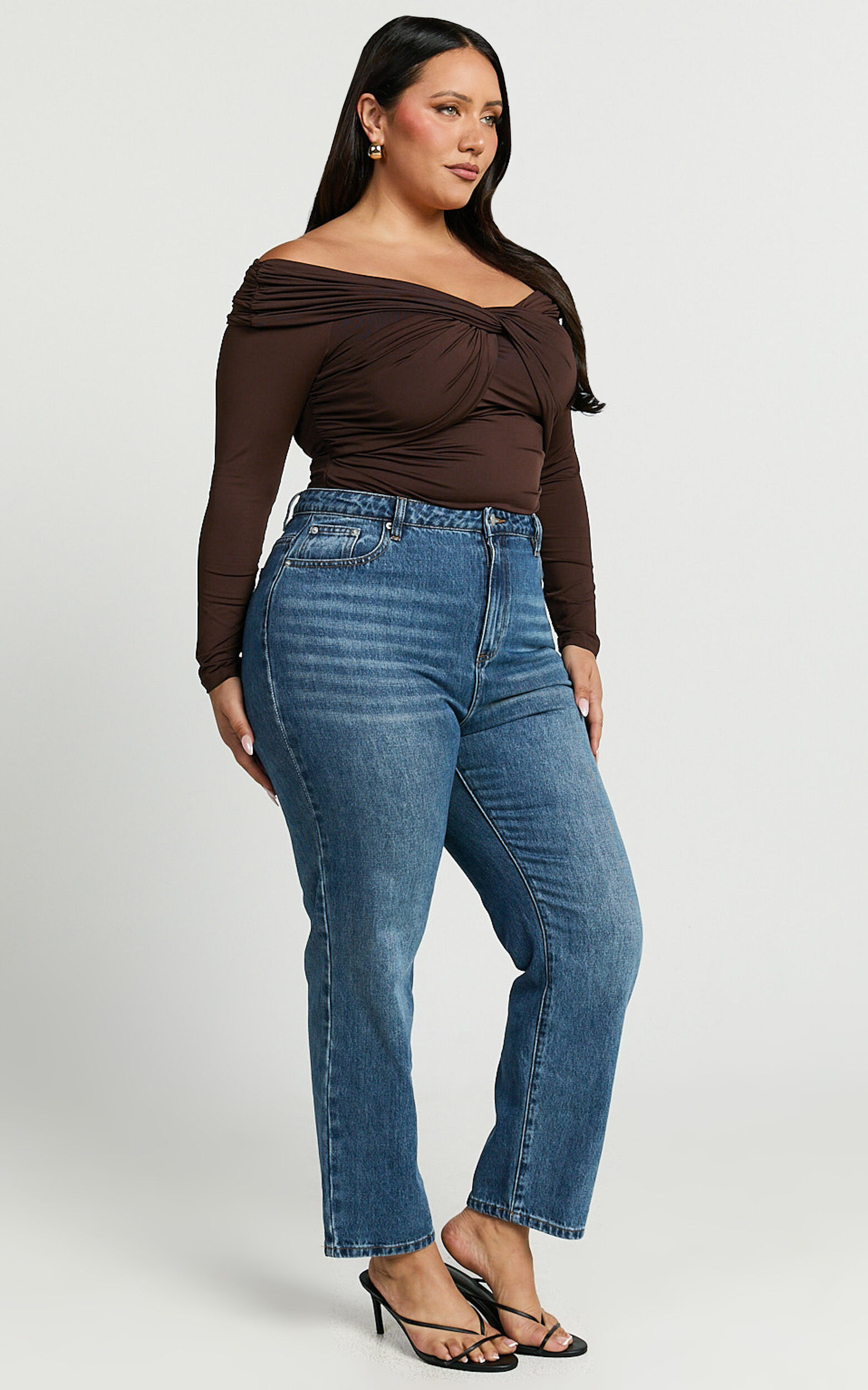 Shamaira Bodysuit - Twist Front Off Shoulder Long Sleeve in Brown