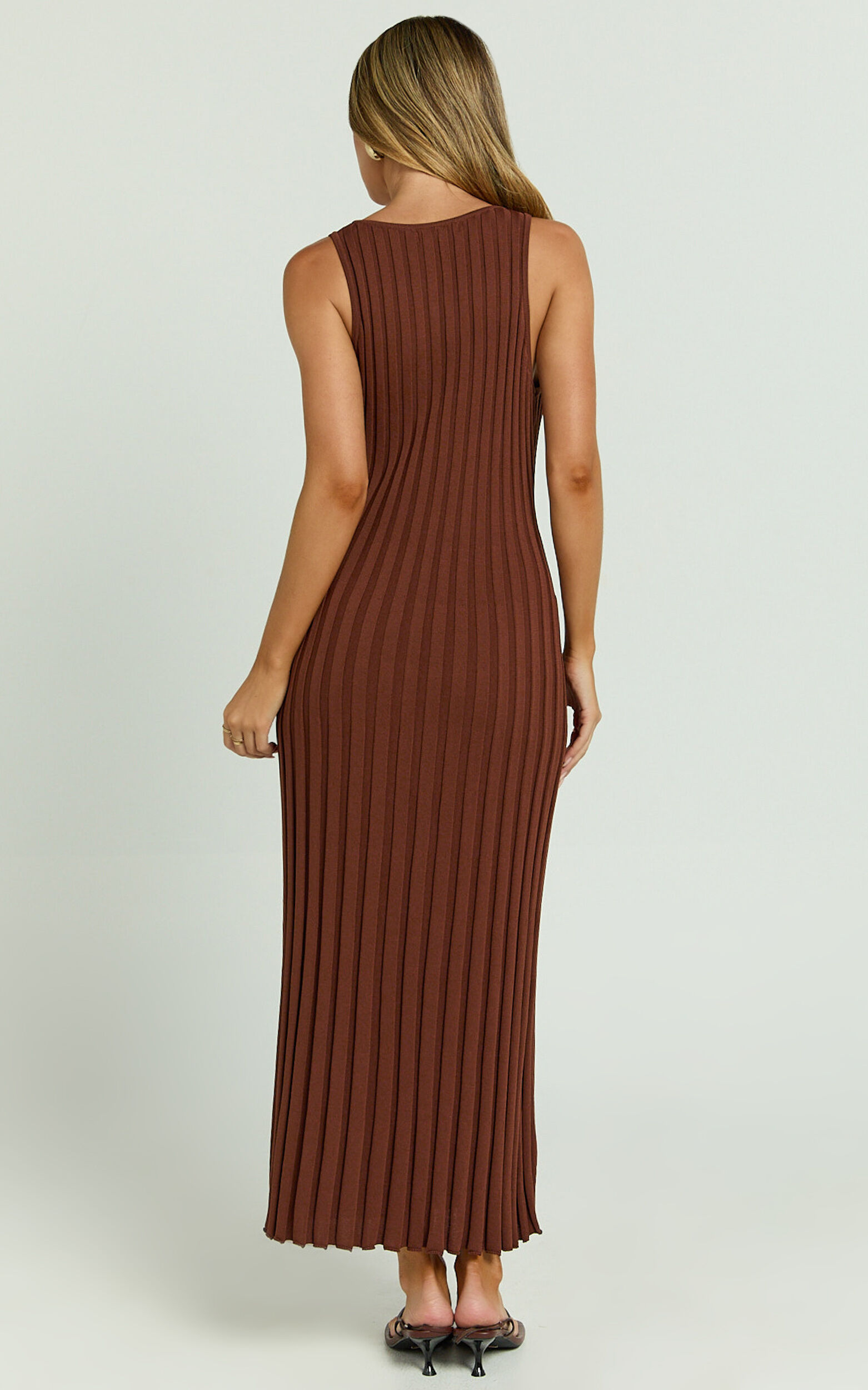 Maya Midi Knit Dress - Sleeveless V Neck Knited Dress in Dark Chocolate