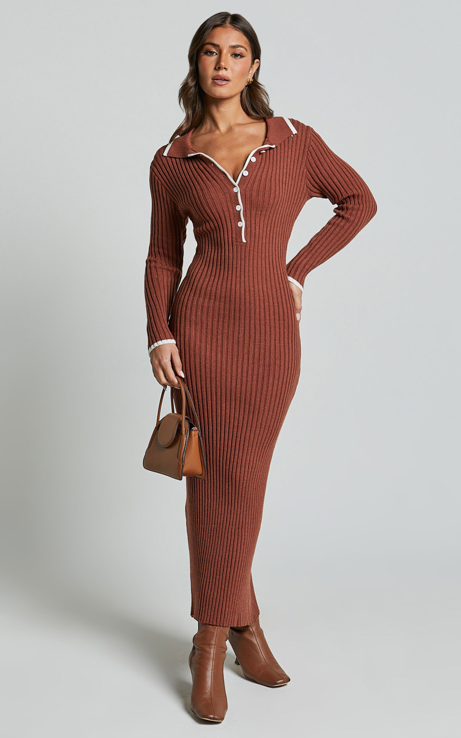 Becky Midi Dress - Button Front Contrast Knit Midi Dress in Chocolate