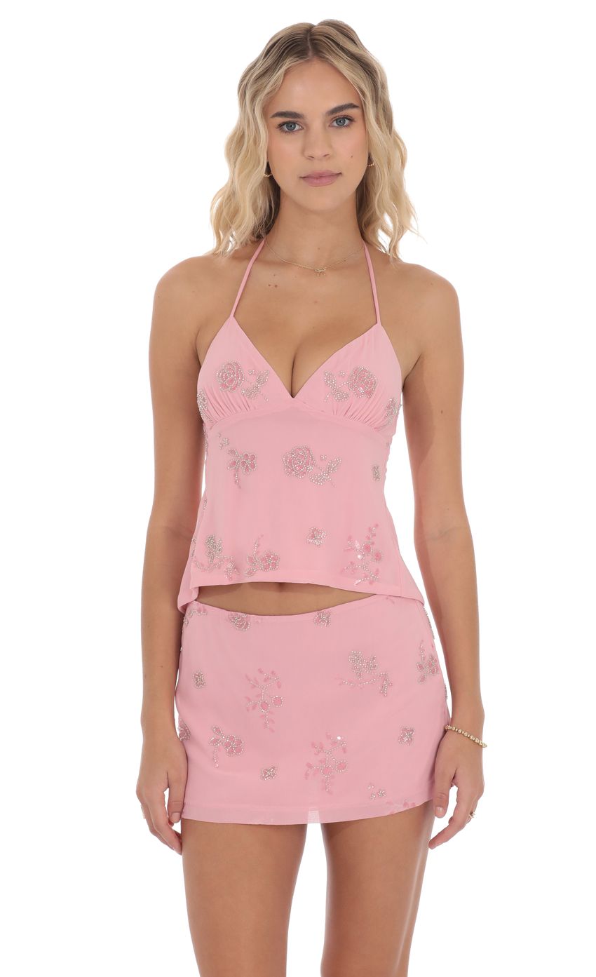Sequin Beaded Floral Top in Pink