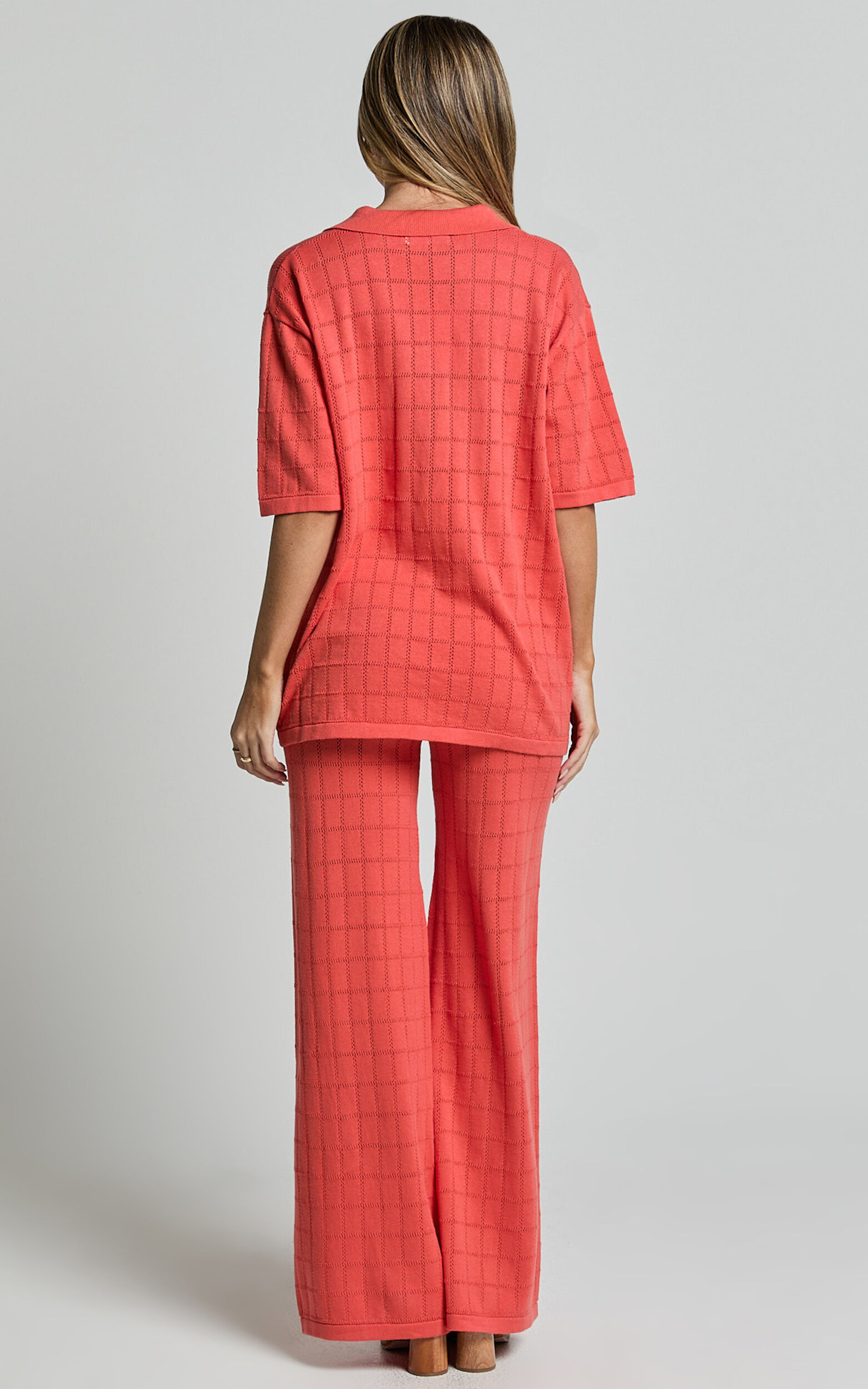 Tommy Two Piece Set - Knit Button Through Top and Pants Two Piece Set in Coral