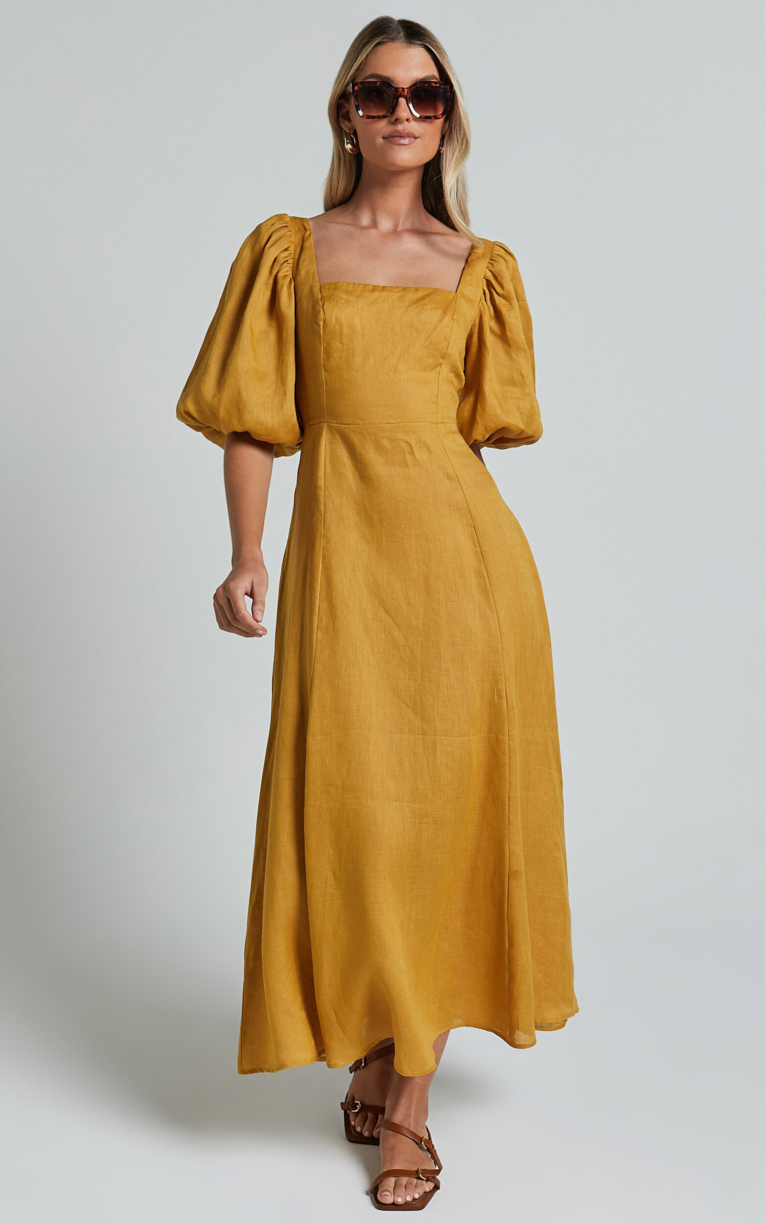 Amalie The Label - Zoya Linen Short Puff Sleeve Backless Maxi Dress in Gold
