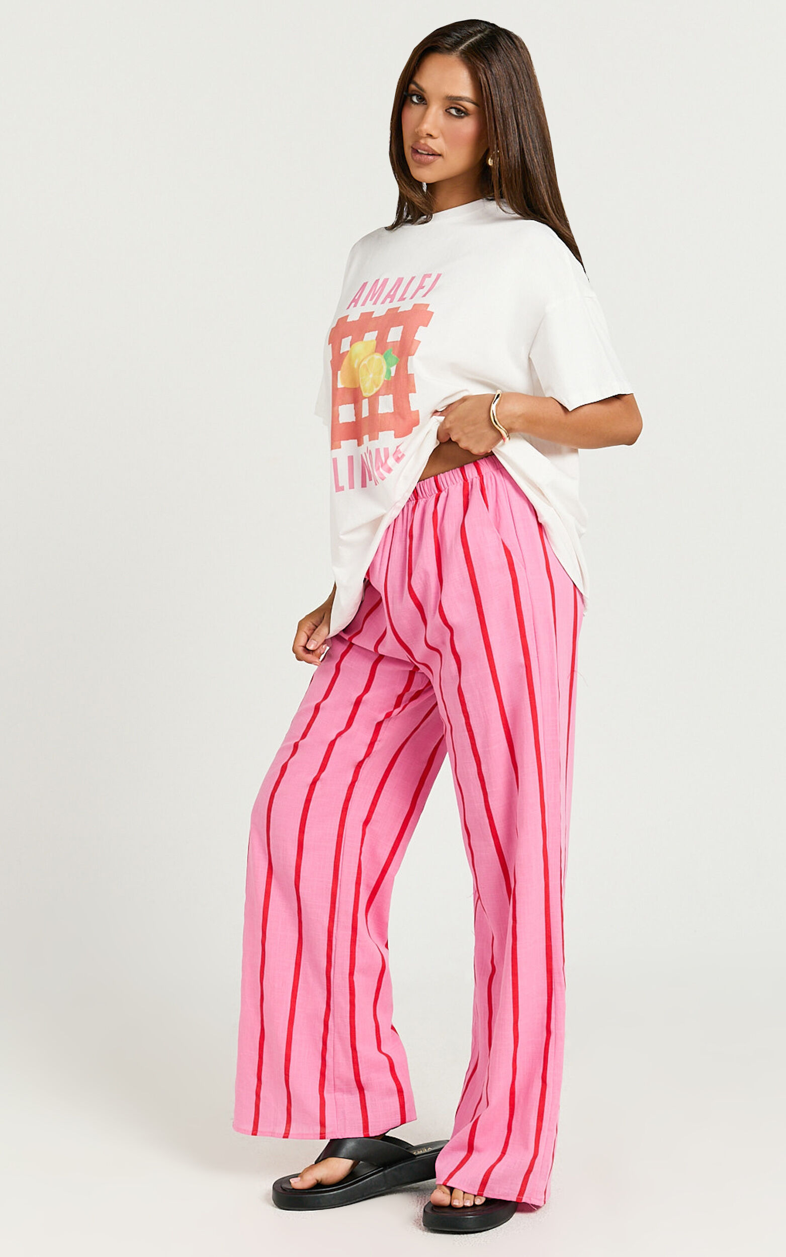 Gladiola Two Piece Set - Amalfi Limone Oversized Tee and Stripe Pant Set in Pink/Red