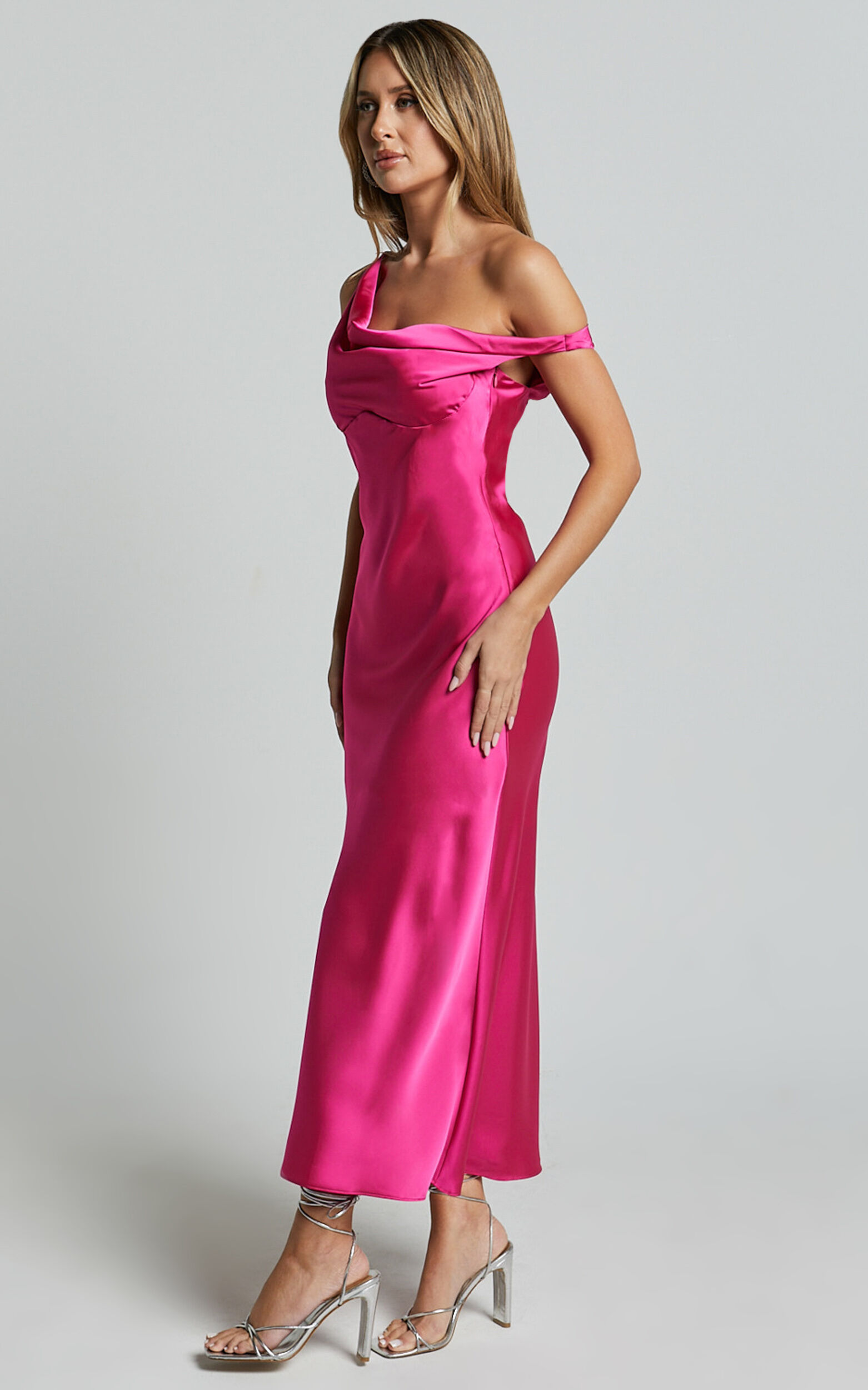 Alexia Midi Dress - One Shoulder Bust Slip Dress in Fuschia