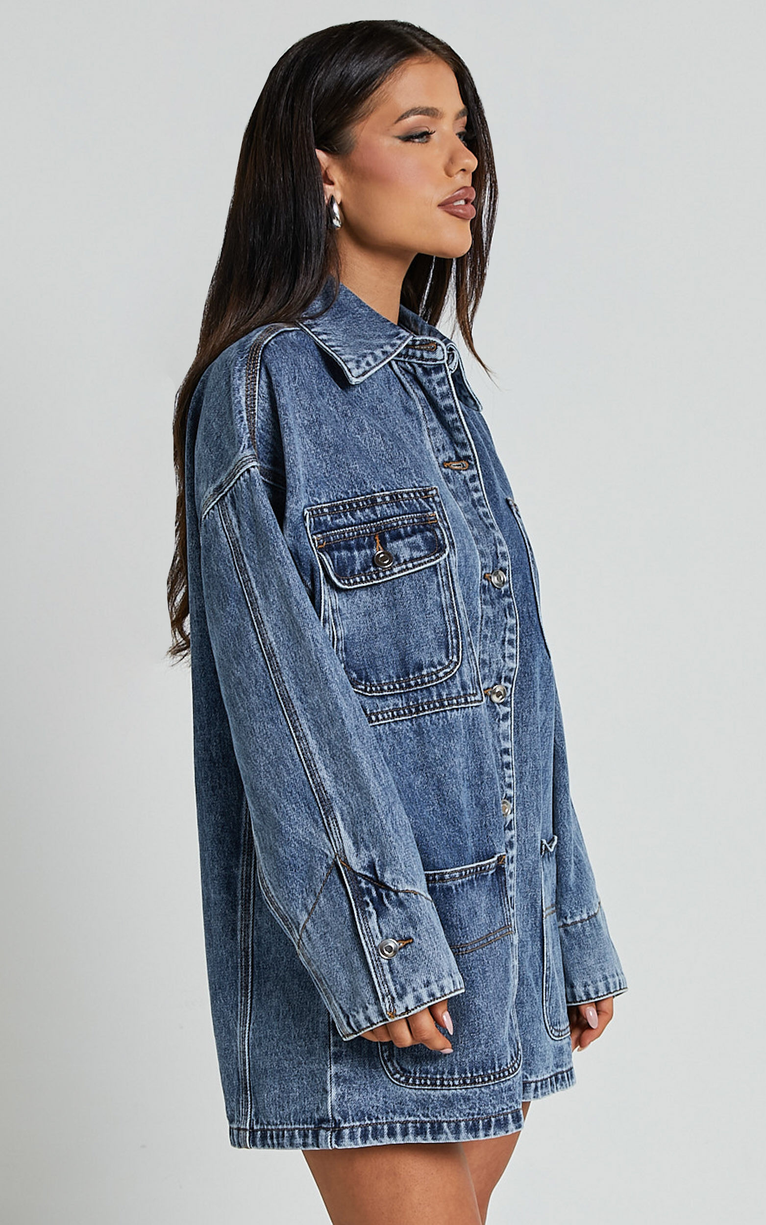 Harlow Jacket - Oversized Long Sleeve Denim Jacket in Mid Blue Wash