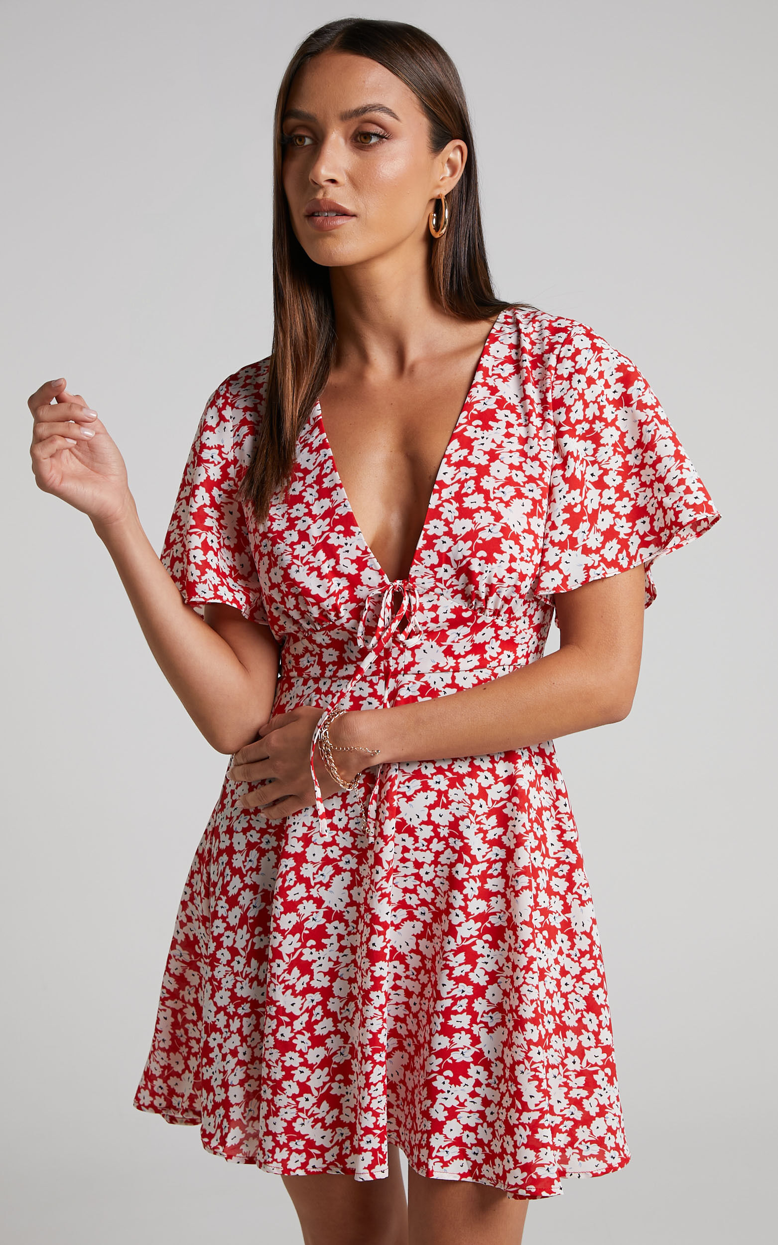 Rosario Mini Dress - Flutter Sleeve V Neck Dress in Red Ditsy Floral