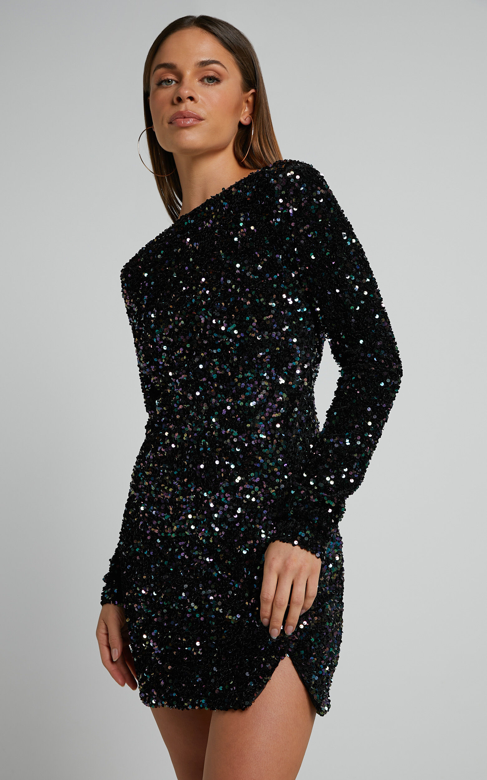 Tracy Mini Dress - Sequin Long Sleeve Backless Dress in Black