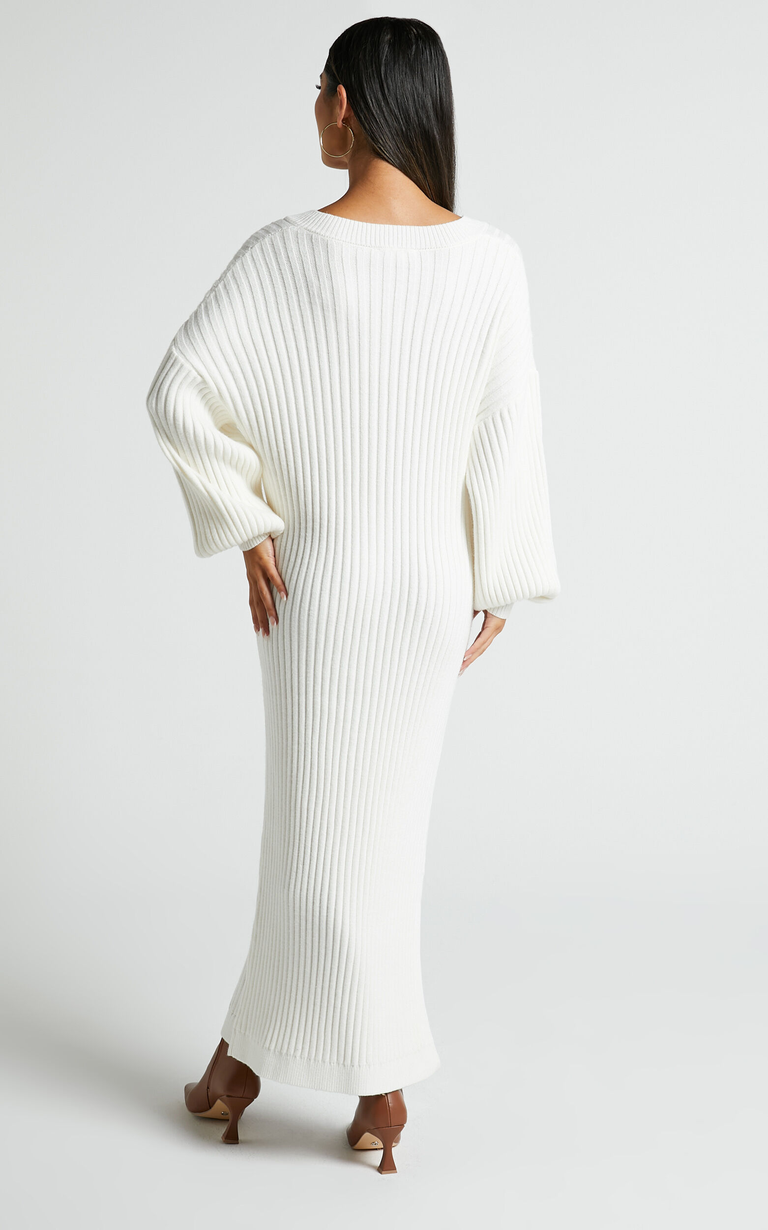 Kartia Midi Dress - V Neck Knit Dress in Off White