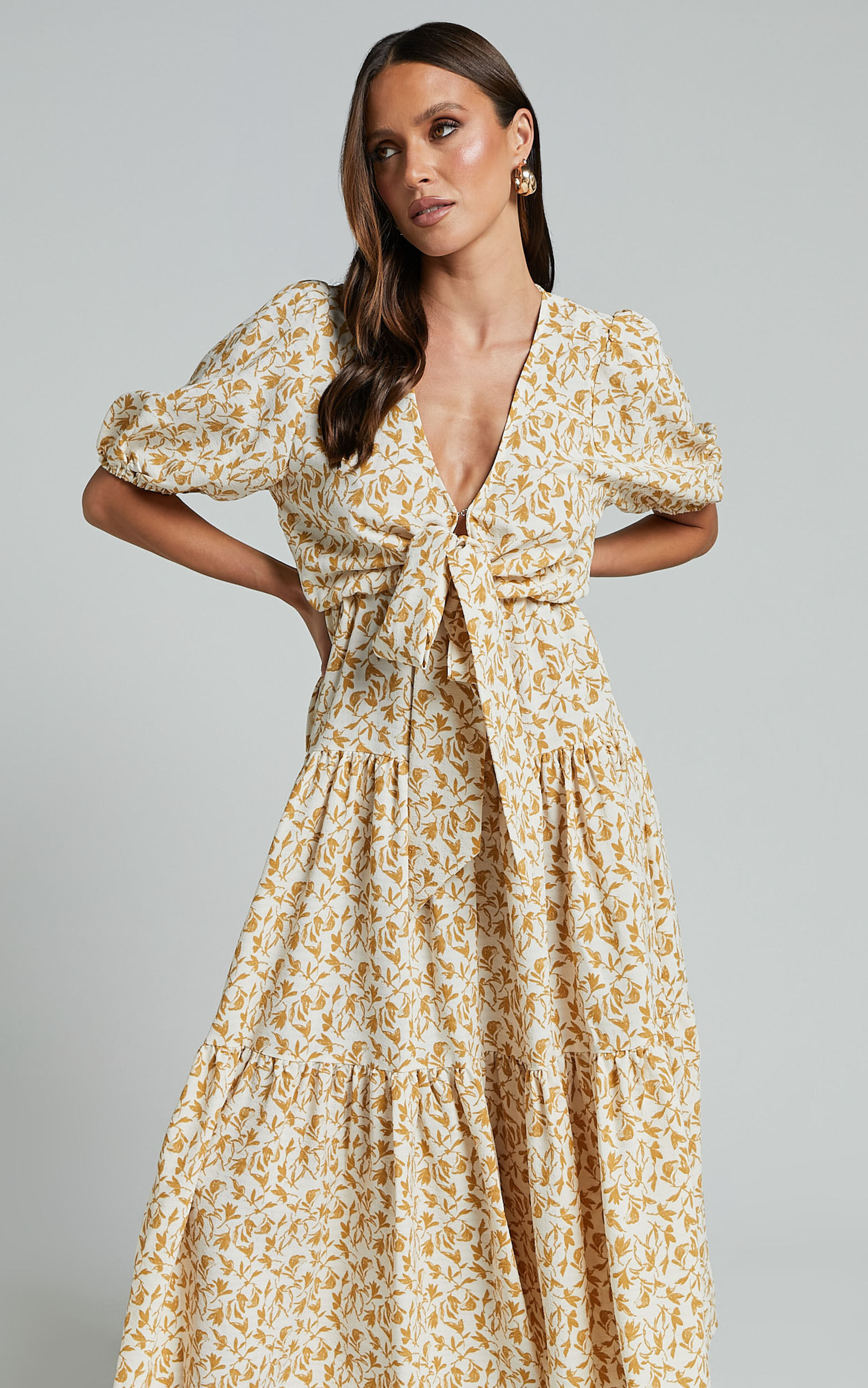 Alena Midi Dress - Short Puff Sleeve Tie Front Tiered Dress in Golden Floral