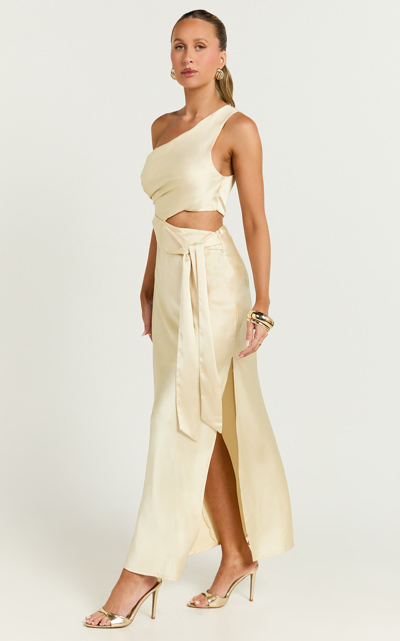 Regina Midi Dress - One Shoulder Cut Out Side Detail  Dress in Butter