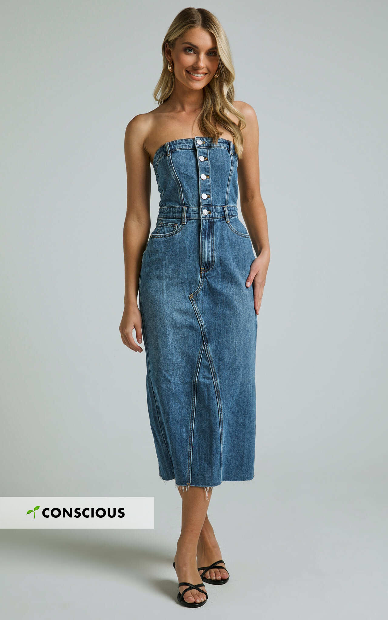Keyla Midi Dress - Denim Strapless Button Front Shirred Back in Mid Blue Wash