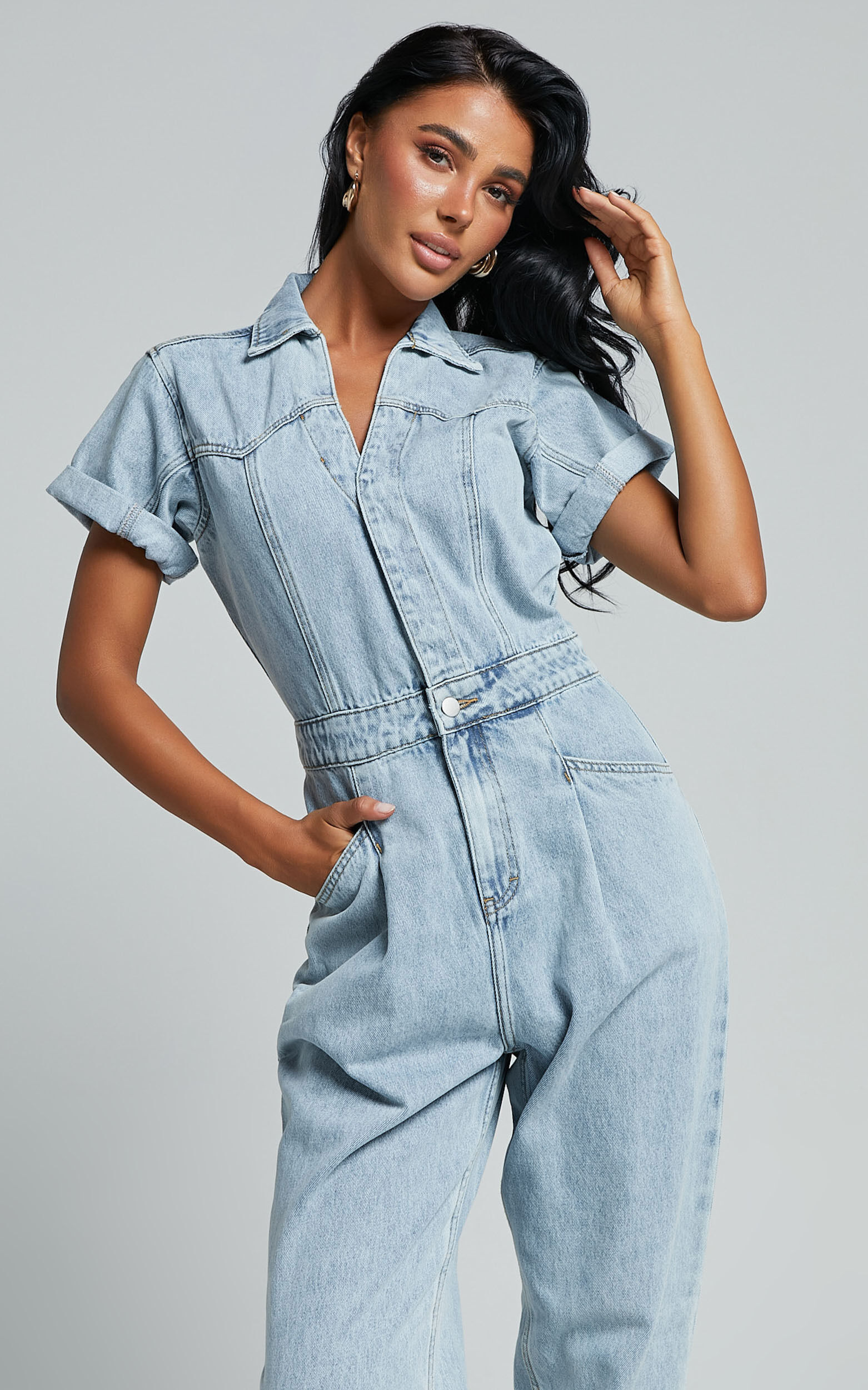 Jordyn Jumpsuit - Short Sleeve Collared Button Through Denim Jumpsuit in Light Blue