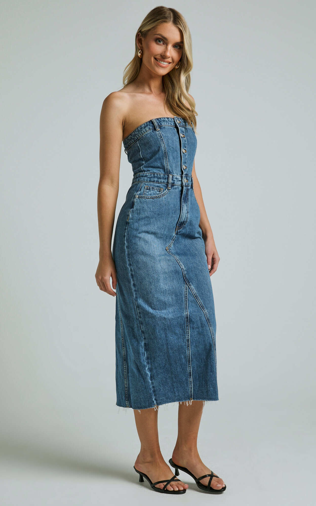 Keyla Midi Dress - Denim Strapless Button Front Shirred Back in Mid Blue Wash
