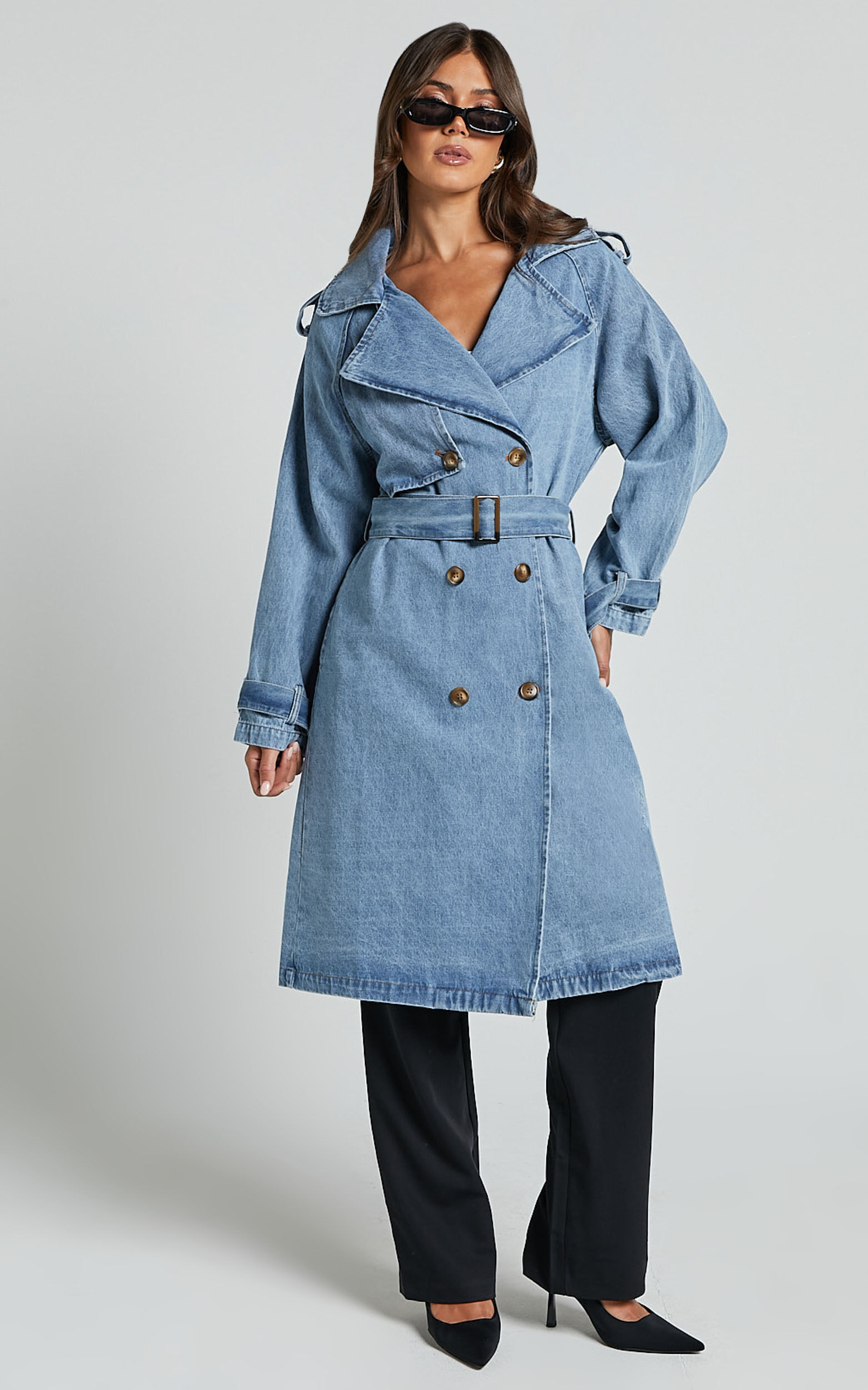 Vinnie Trench Coat - Denim Washed Trench Coat in Mid Blue