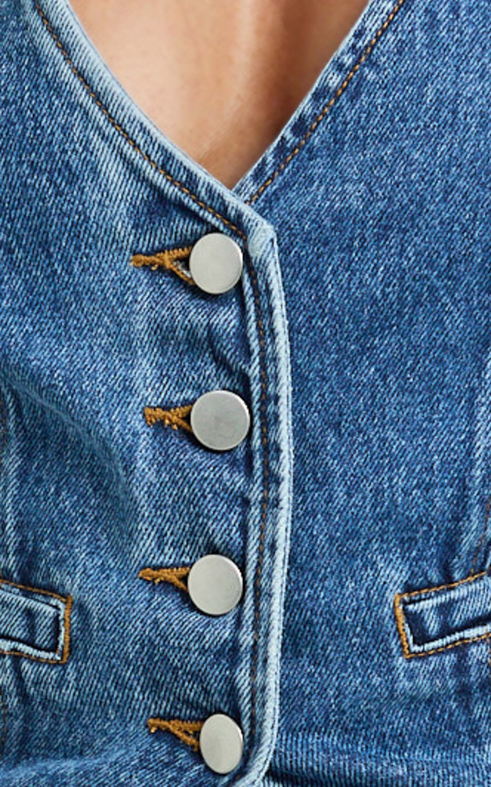 Walton Vest - Halter Neck Button Down Crop Recycled Denim Vest in Dark Blue Wash