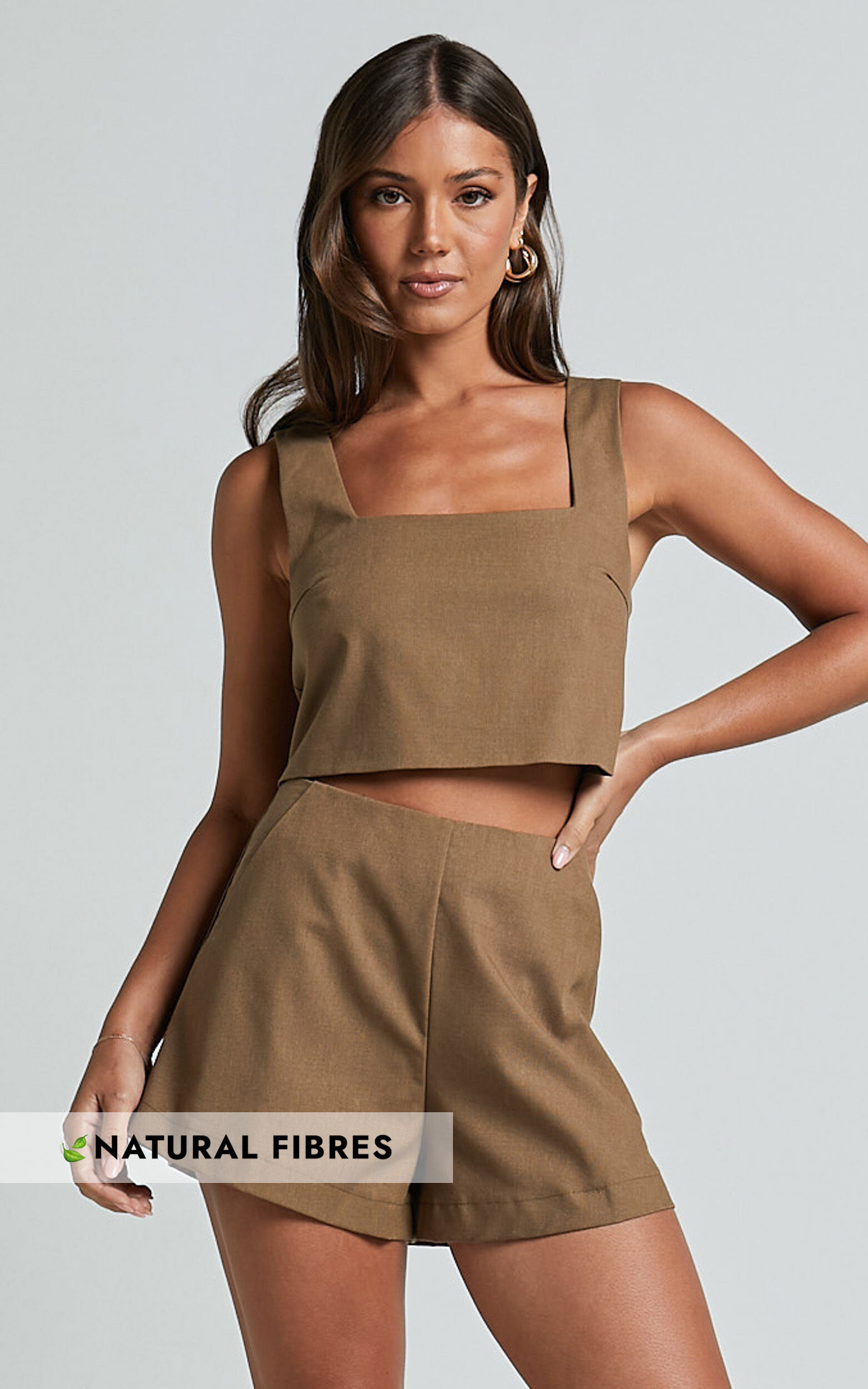 Salvador Two Piece Set - Linen Sleeveless Crop Top and High Waisted Tailored Shorts in Olive