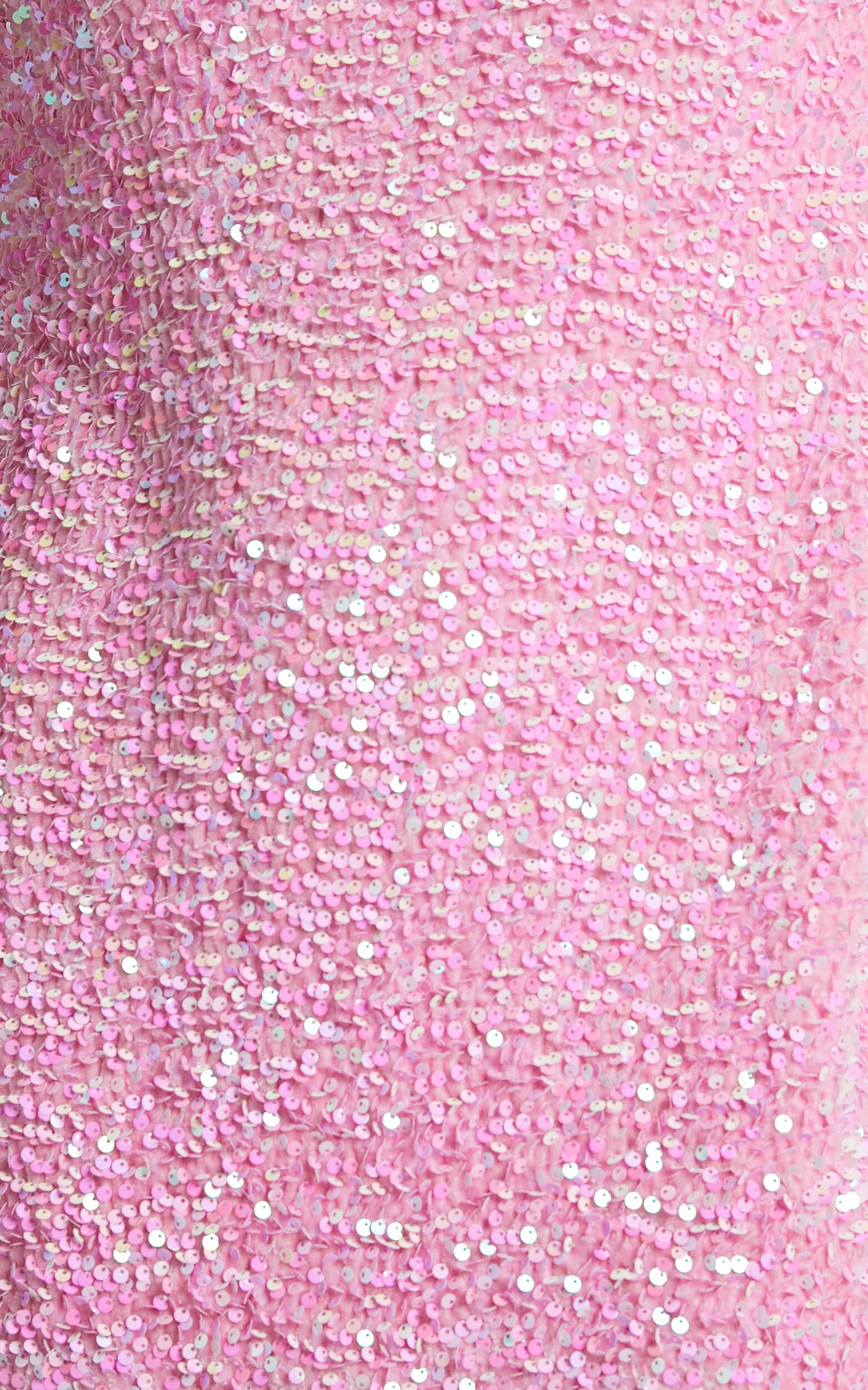 Valetta Mini Dress - Sequin low back shift dress in Pink Sequin