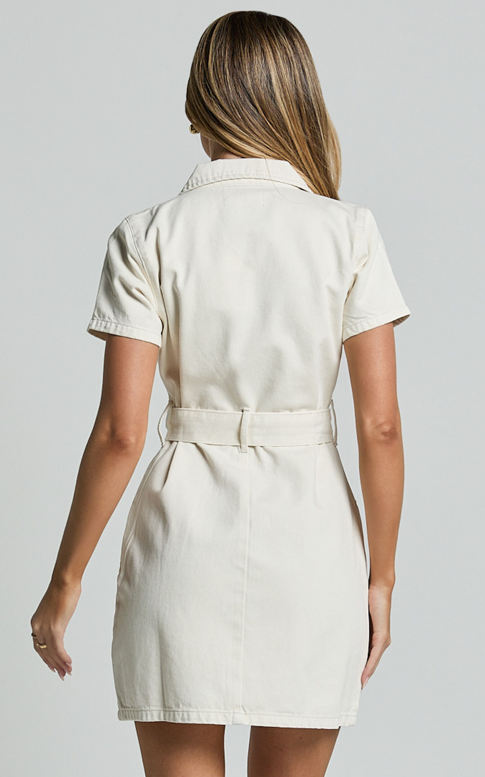 Nandini Mini Dress - Zip Through Denim Dress in Ecru