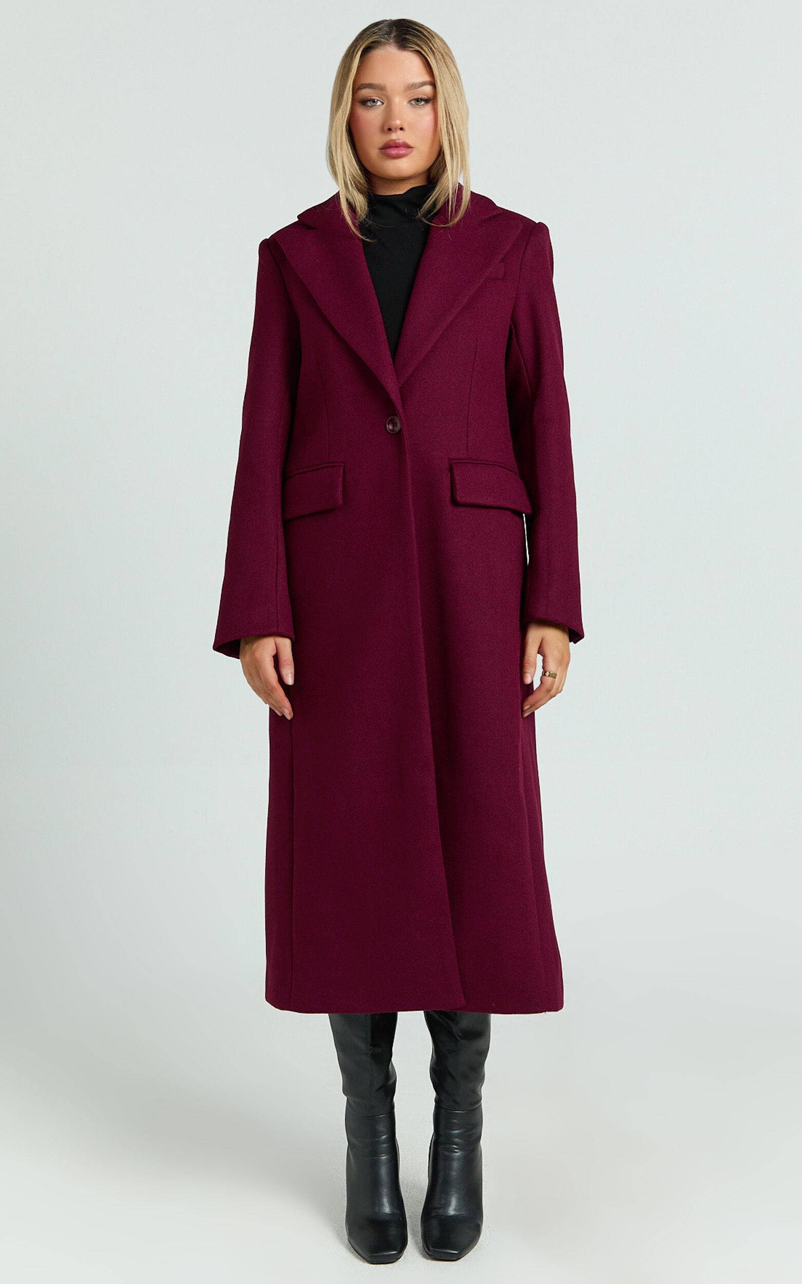 Michaela Coat - Oversized Lapel Single Button Coat in Wine