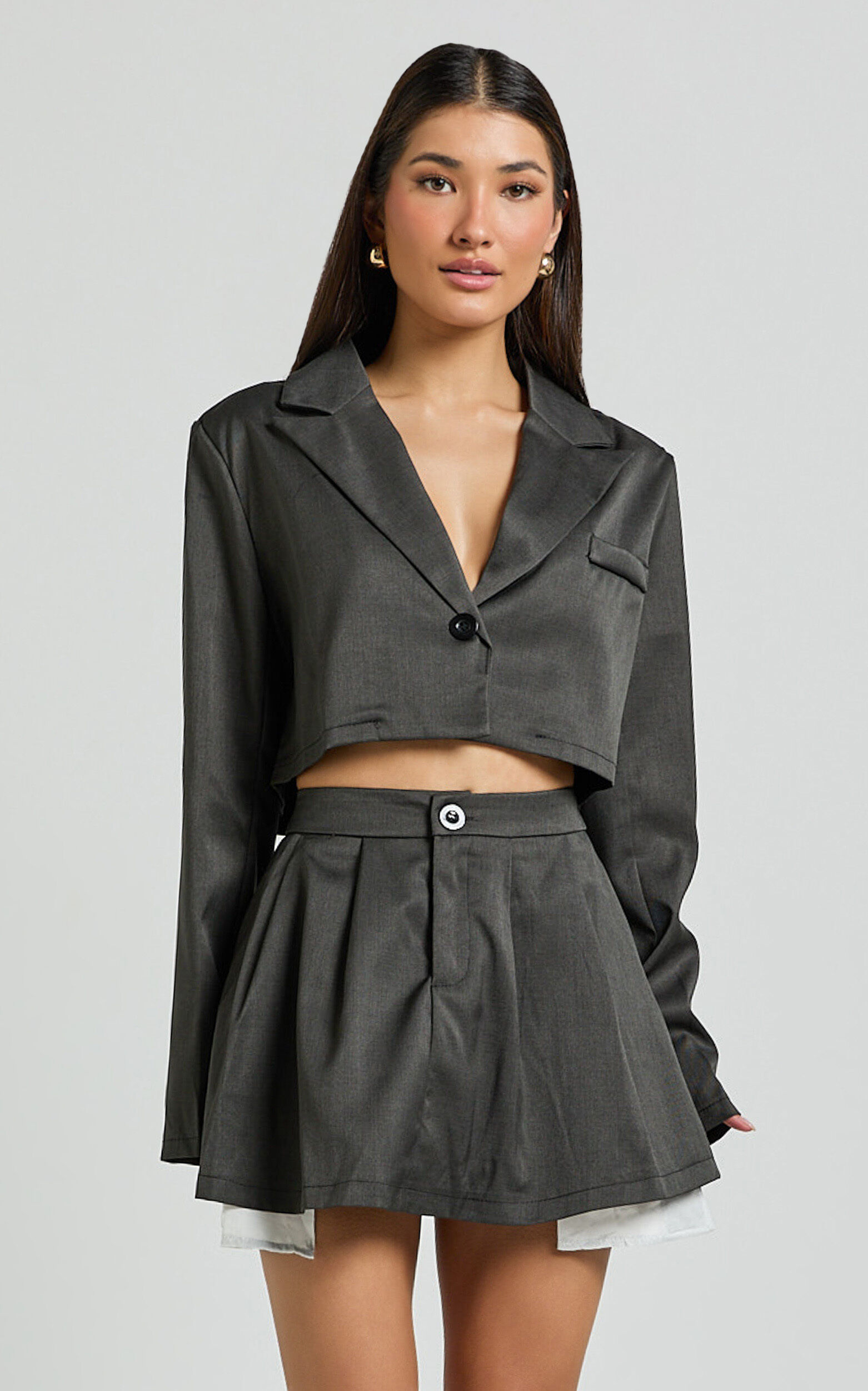 Zora Two Piece Set - Cropped Blazer and Pleated Mini Skirt Set in Charcoal