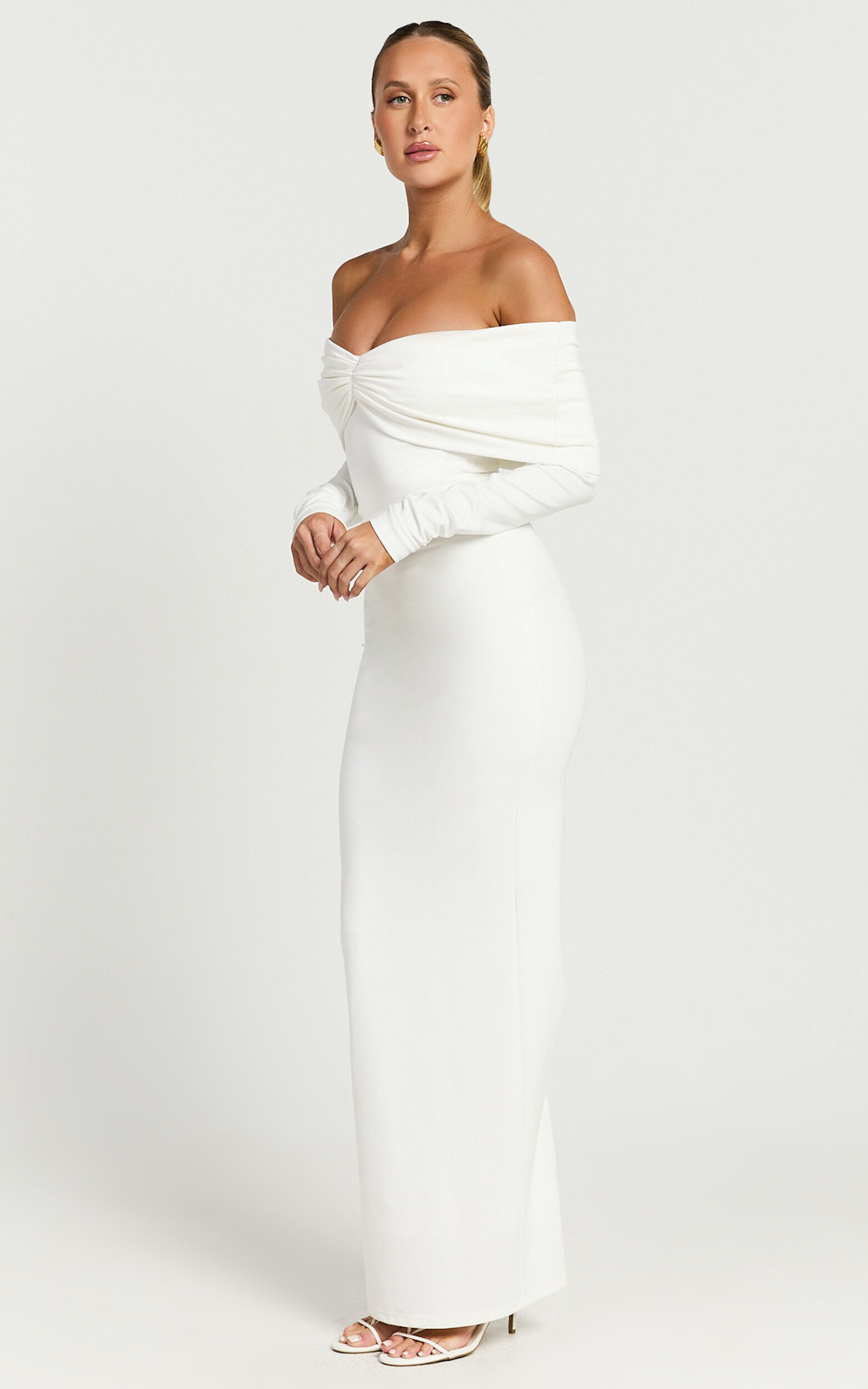 Rani Maxi Dress - Off Shoulder Long Sleeve Bodycon Dress in Off White