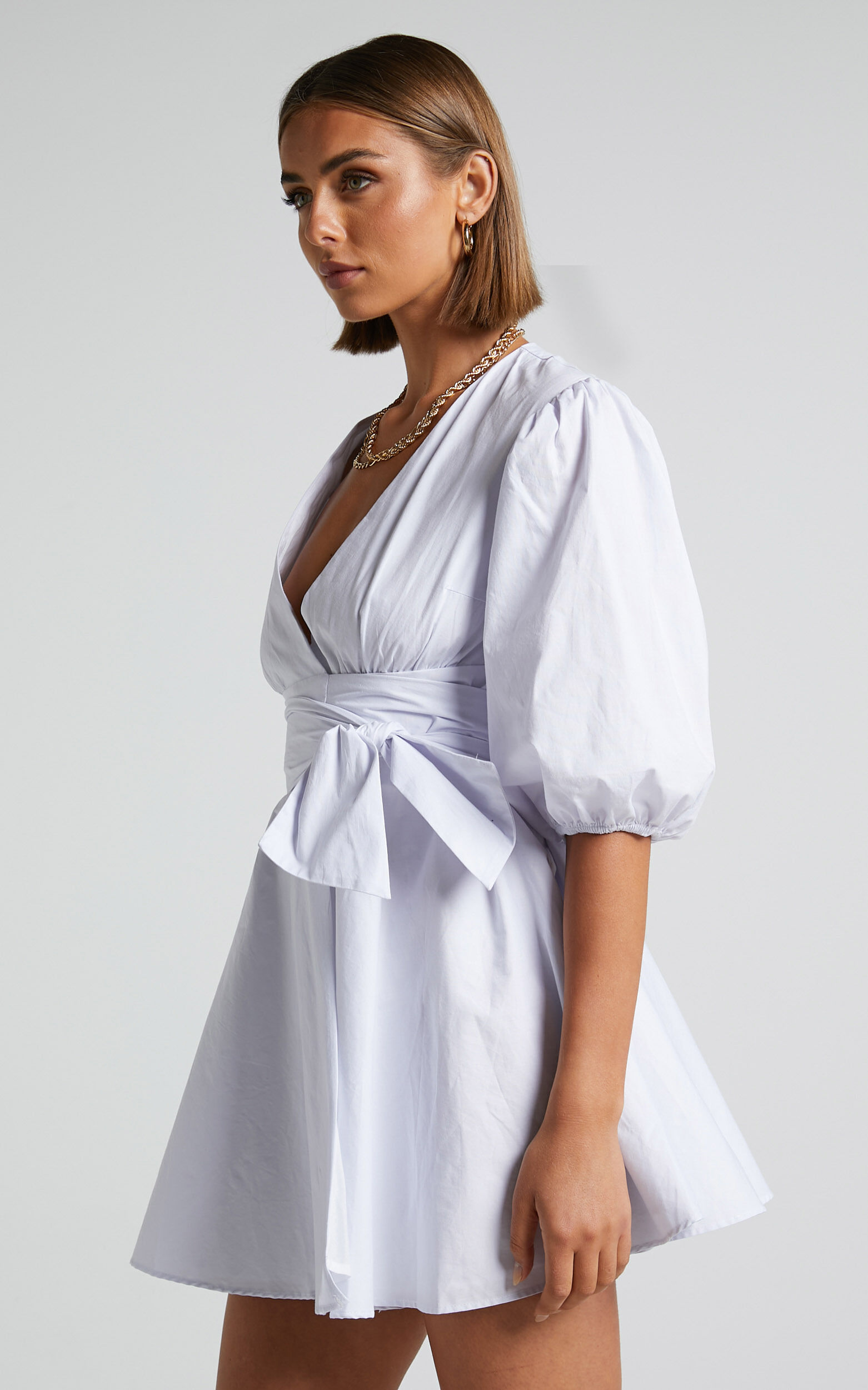 Zyla Mini Dress - Puff Sleeve Wrap Dress in White