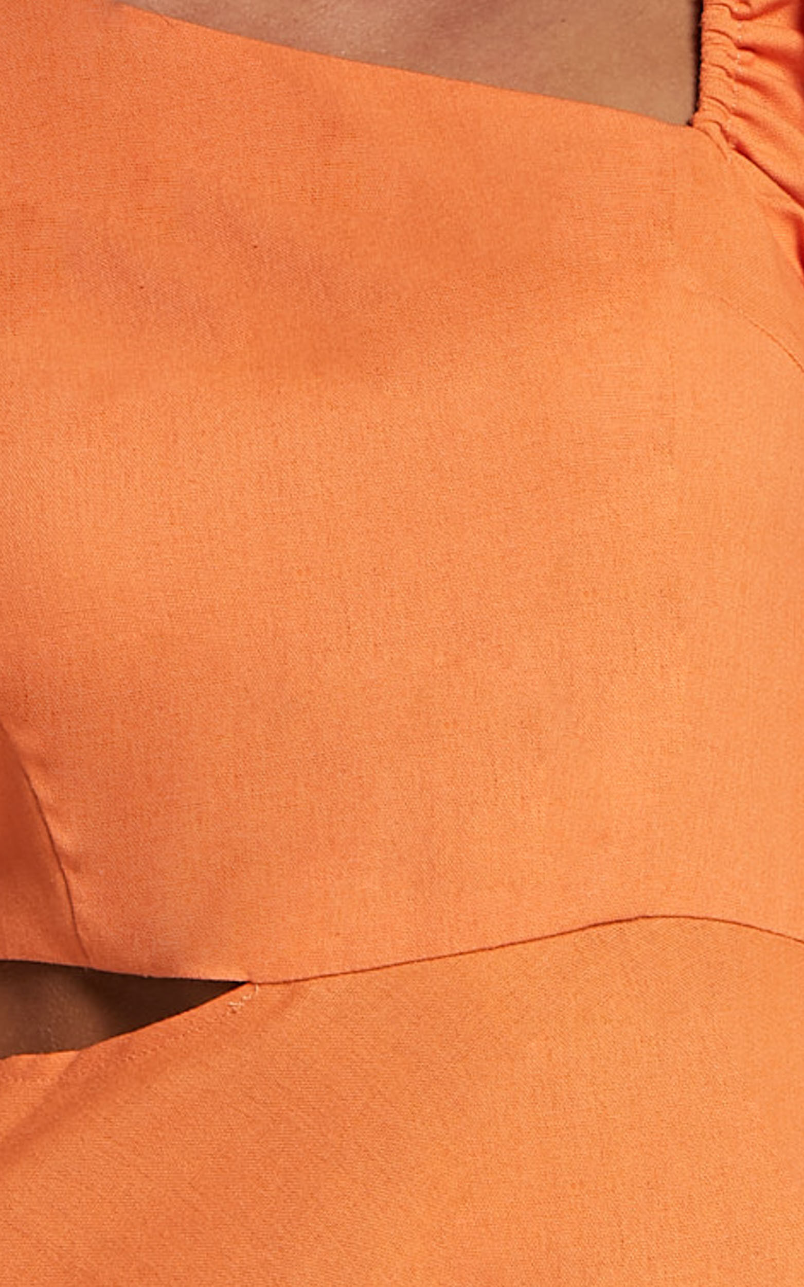 Rhyne Midi Dress - Asymmetric Puff Sleeve Side Cut Out A Line Dress in Papaya