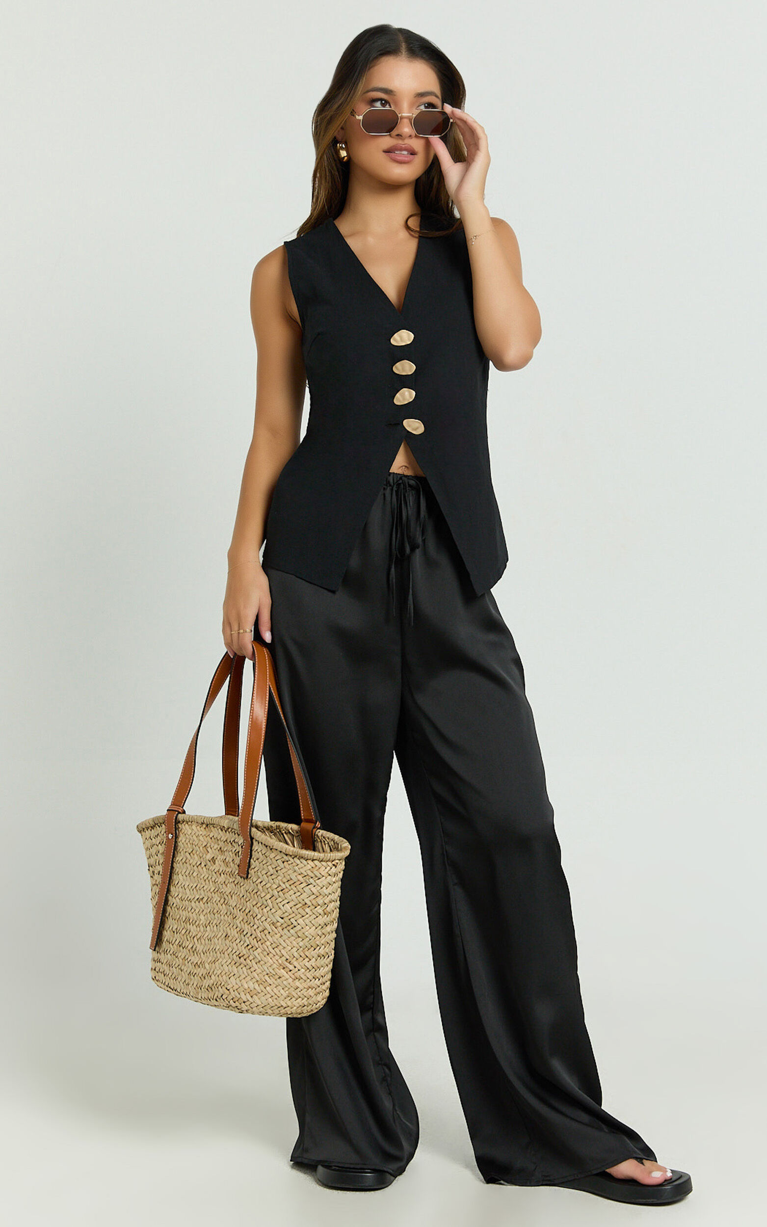 Myrna Two Piece Set - Gold Hardware Waistcoat Top and Relaxed Satin Pants Set in Black