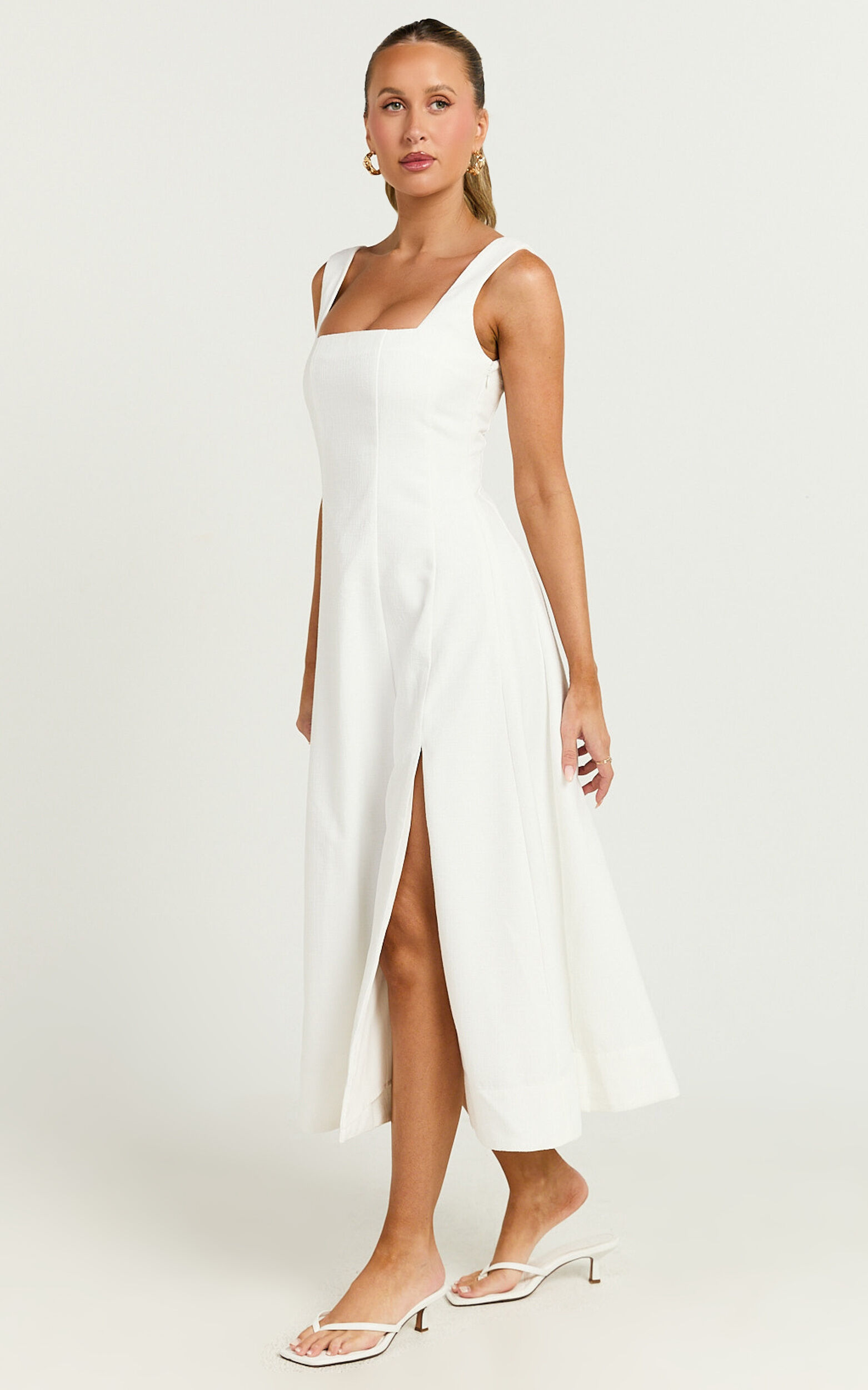 Walters Midi Dress - Square Neck Shirred Back Fit and Flare Panel Dress in White