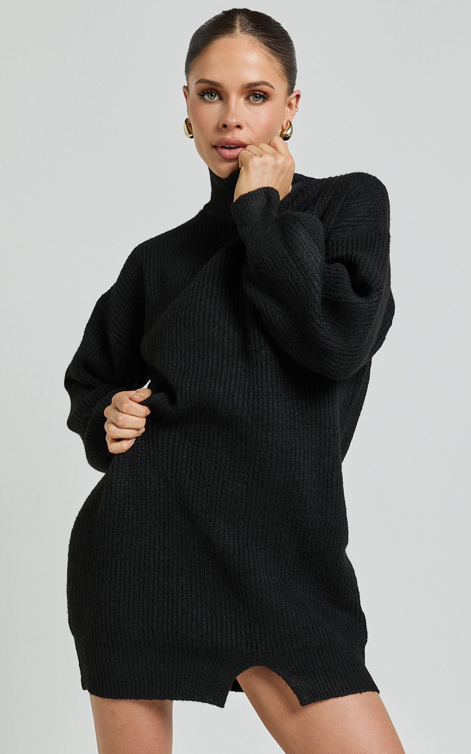 Tianna Mini Dress - Knitted Side Split Jumper Dress in Black