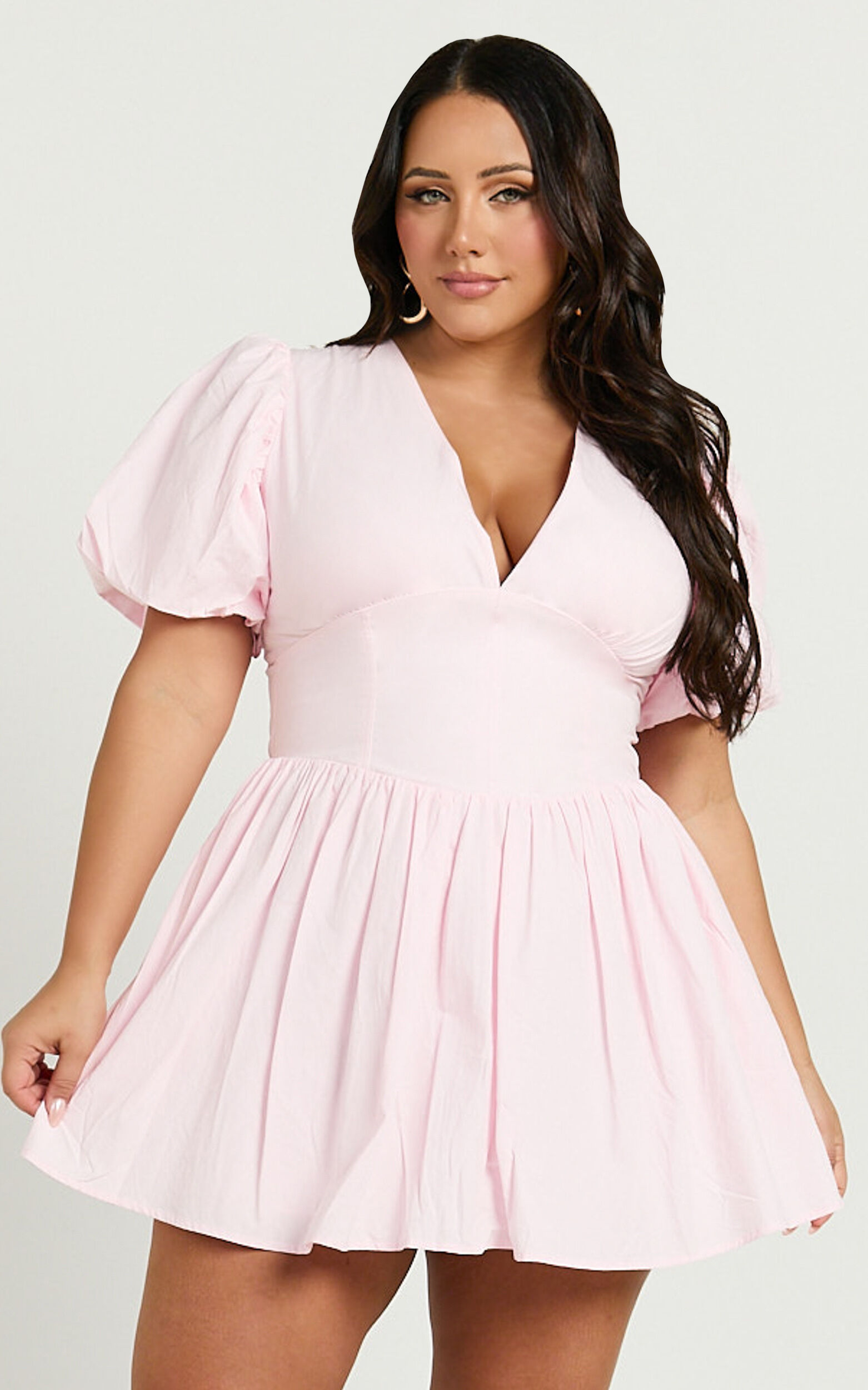 Nelli Mini Dress - Short Puff Sleeve Shirred Back Dress in Baby Pink