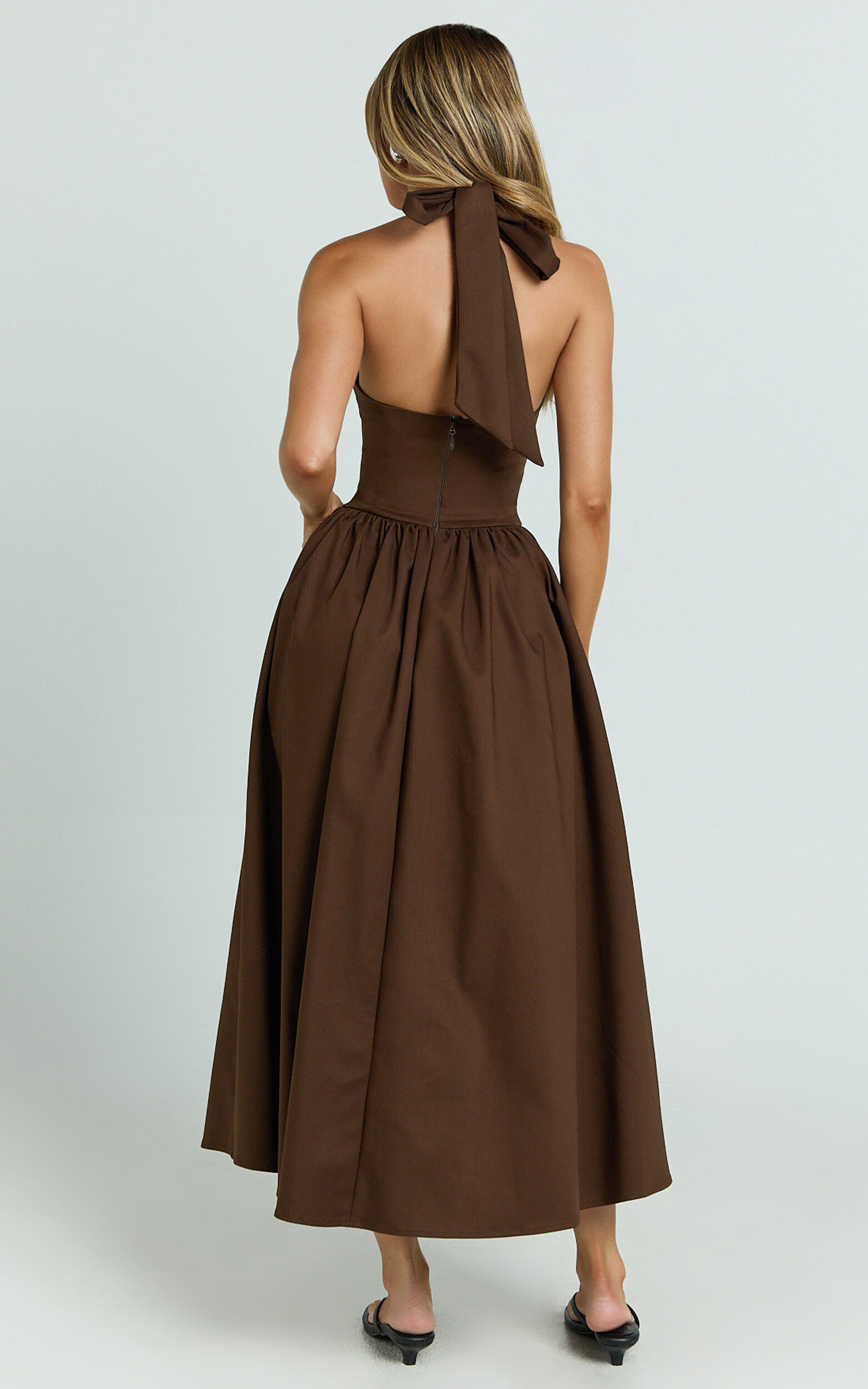 Helda Midi Dress - Halter Tie Neck Corset Panel Dress in Chocolate