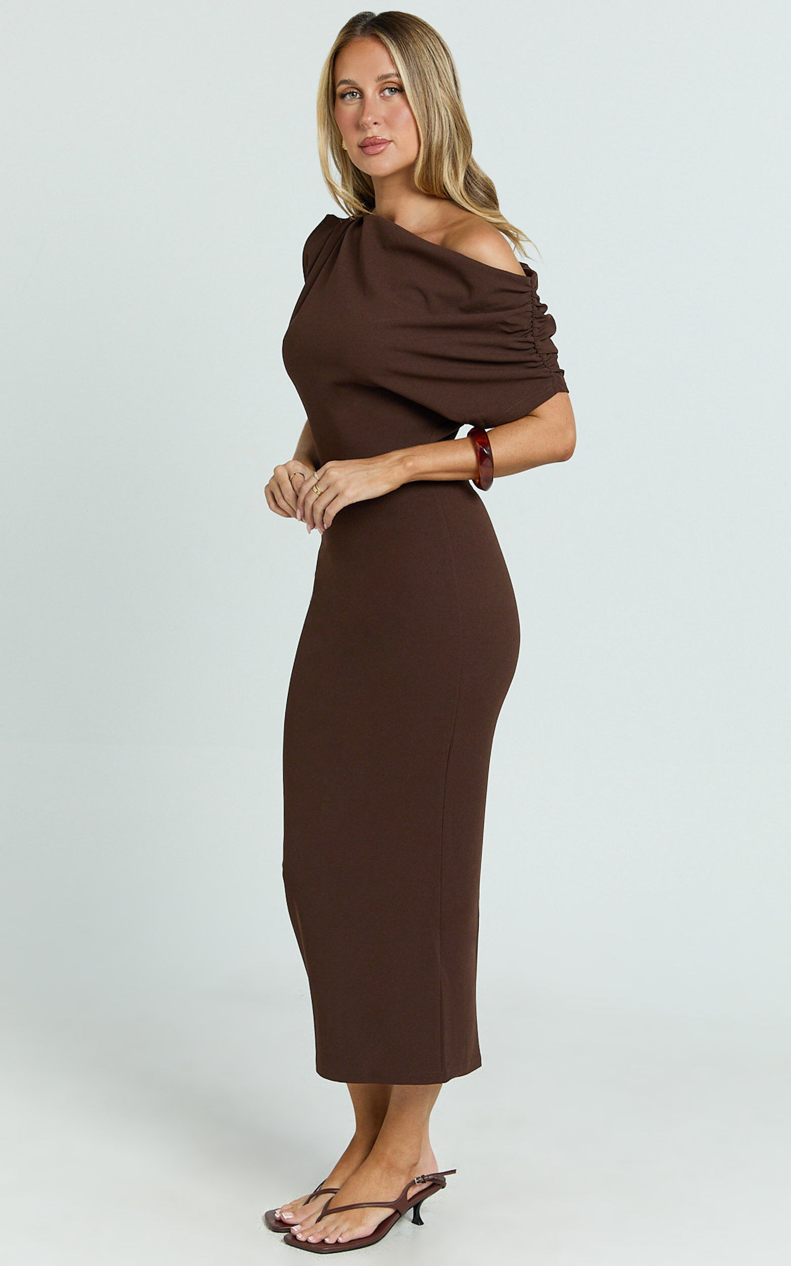 Nalfie Midi Dress - Tipped Shoulder Jersey Drape Dress in Chocolate